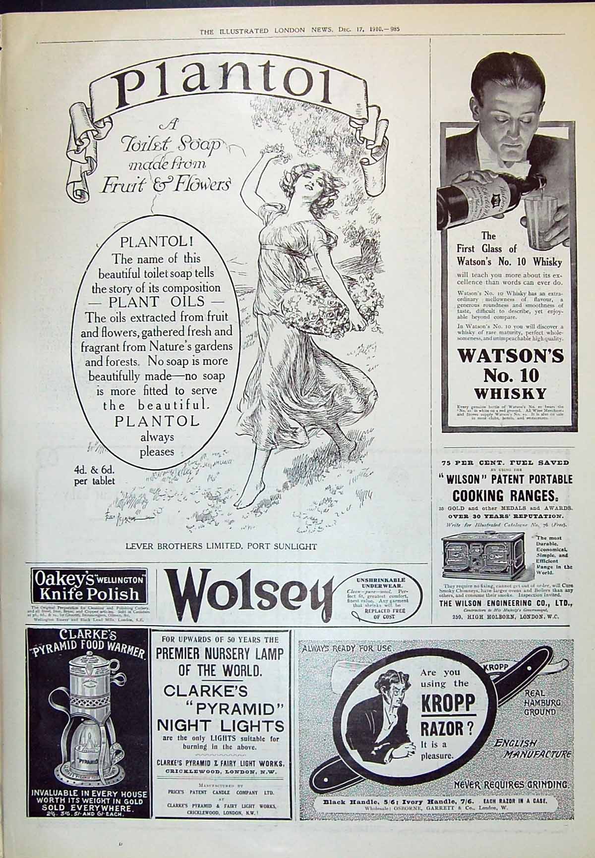 Old Print 1910 Plantol Watson'S Whisky Kropp Razor Wolsey Clarkes' Polish 20th