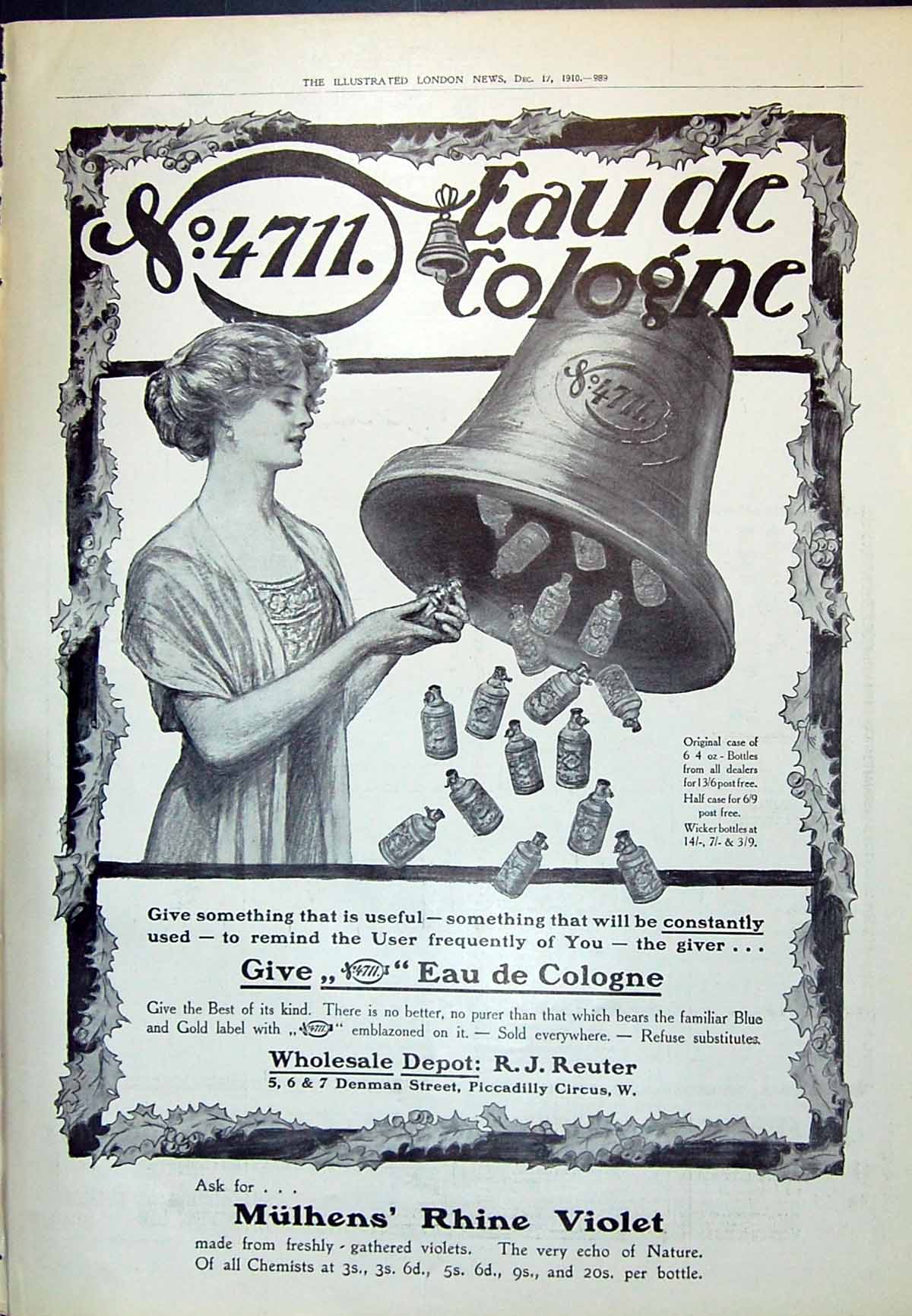 Old 1910 Mulhens Rhine Violet Eau De Cologne Reuter Piccadilly Circus 20th