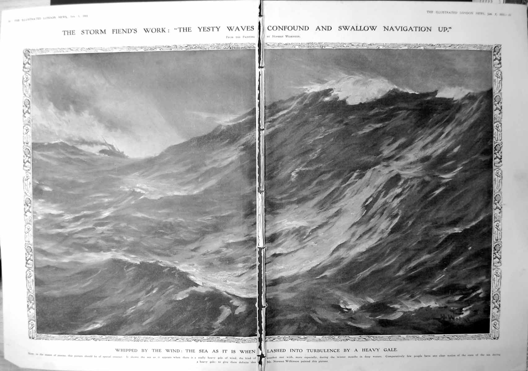 Print Sea Whipped Up In Heavy Storm Waves Norman Wilkinson Damaged 1911 010TP