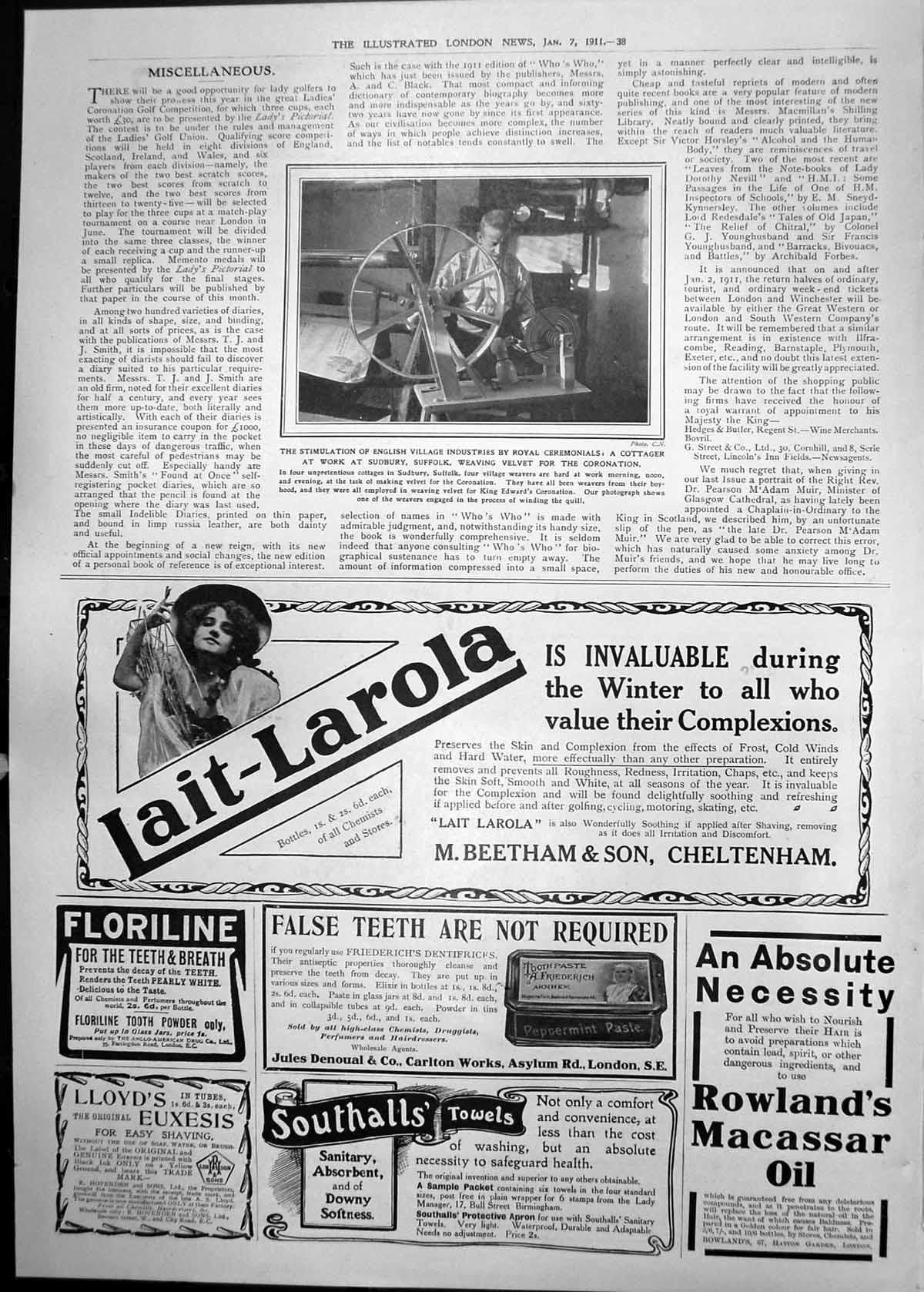 Old Print English Village Industries Cottager Weaving Velvet Coronation 1911 38P