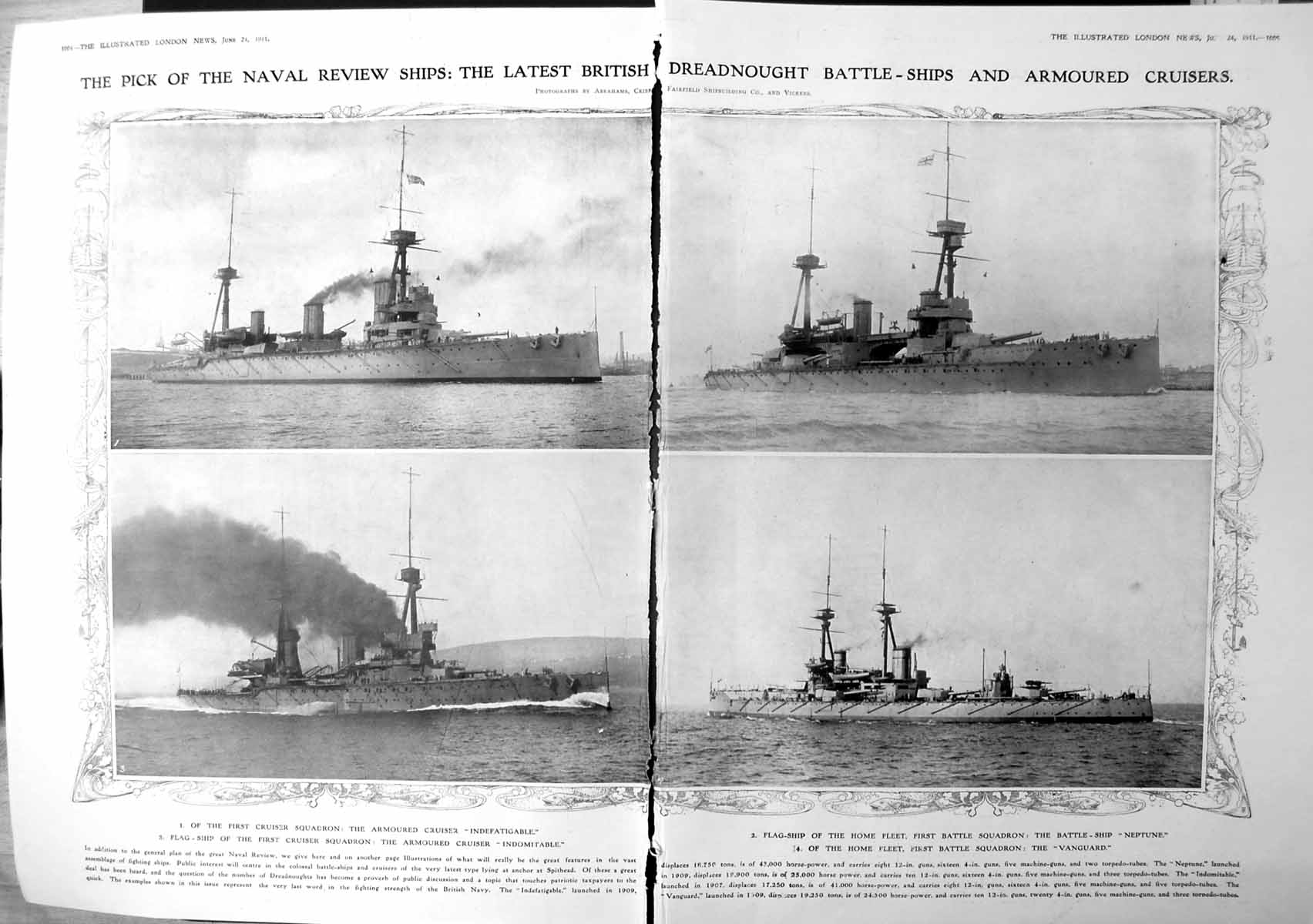 Print Indefatigable Indomitable Neptune Vanguard Cruisers Damaged 1911 1004TP