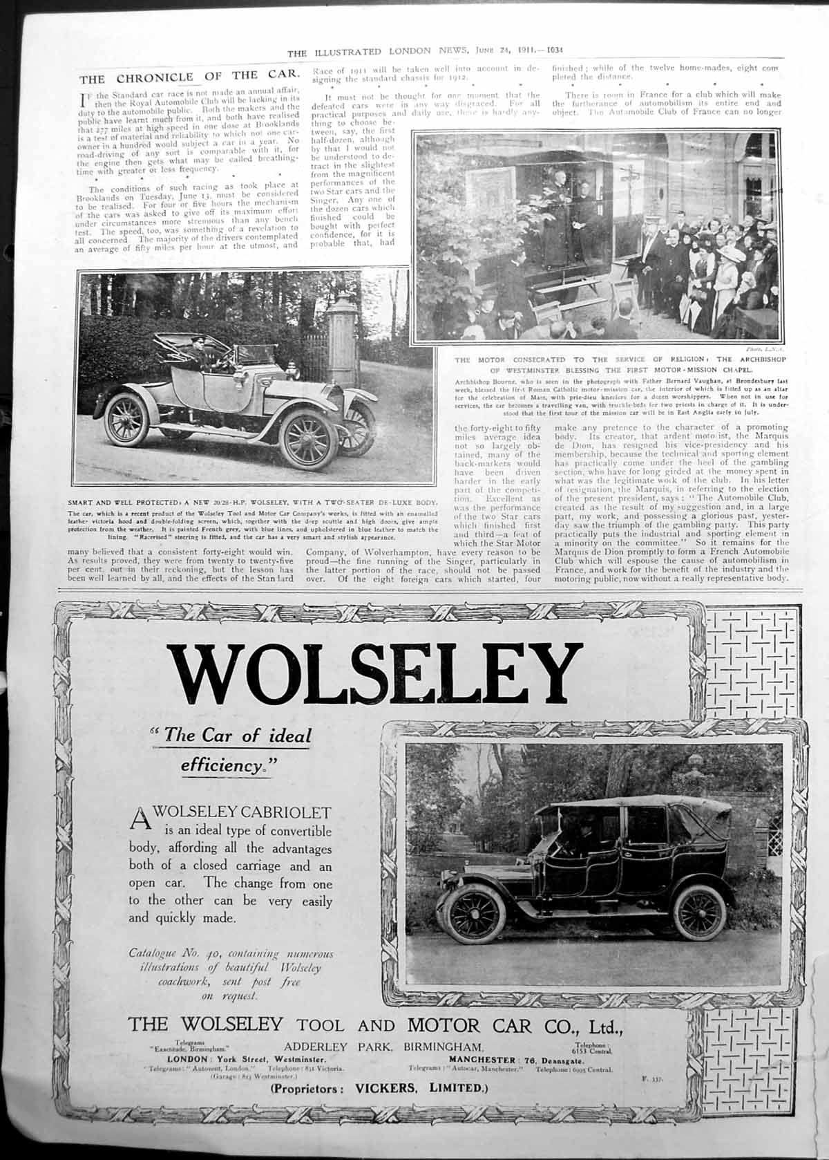 Old Print Wolseley Car Motor-Mission Chapel Consecrated Advertisement 1911 1034P