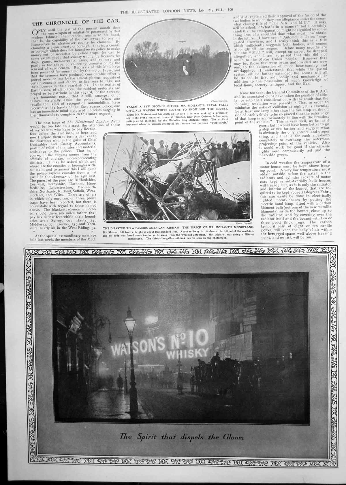 Old Air Disaster Mr Moisant'S Monoplane Watsons Whisky Advert 1911 106P 20th
