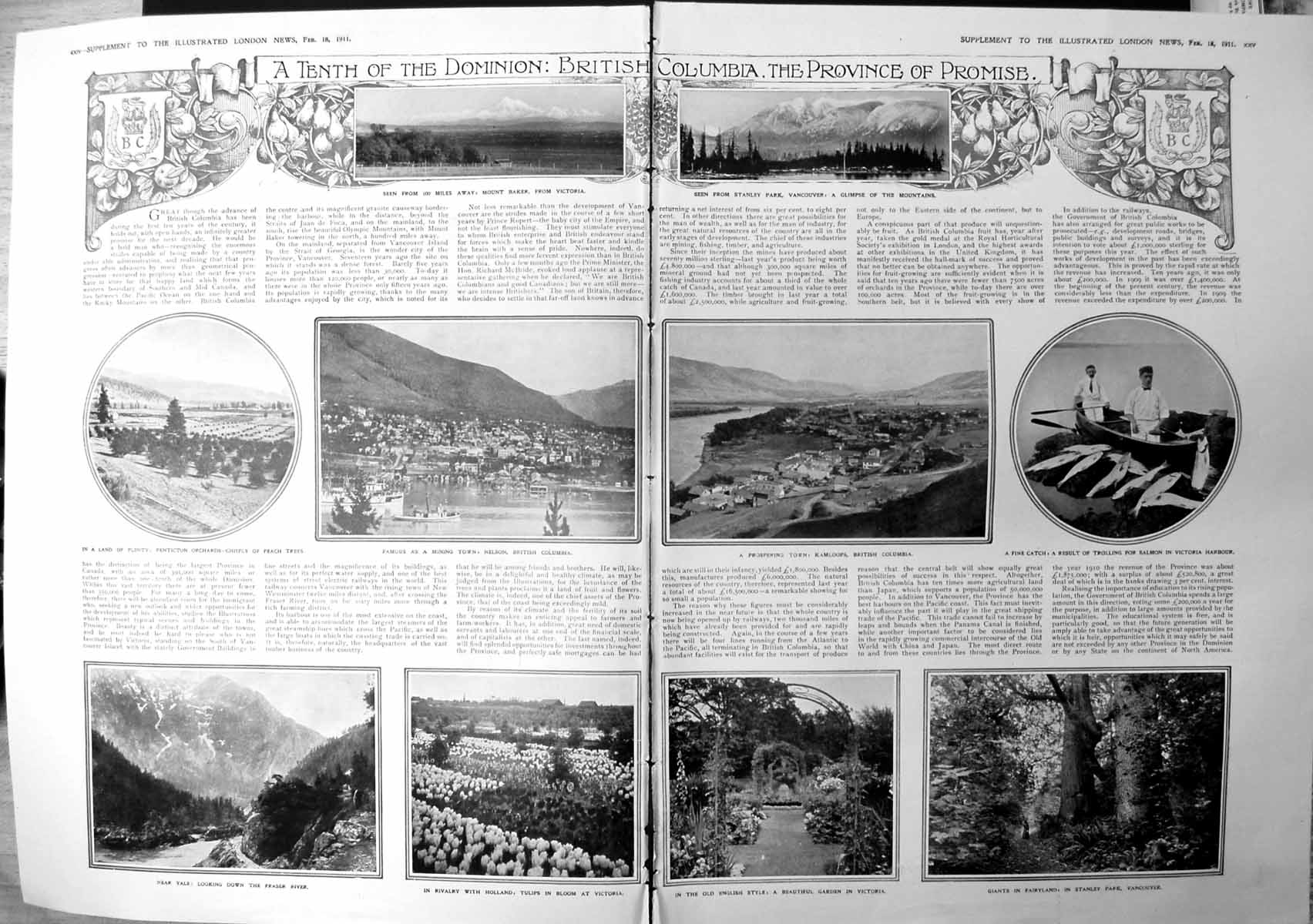 Old Print British Columbia Towns Fishing Flowers Countryside Damaged 1911 1104TP