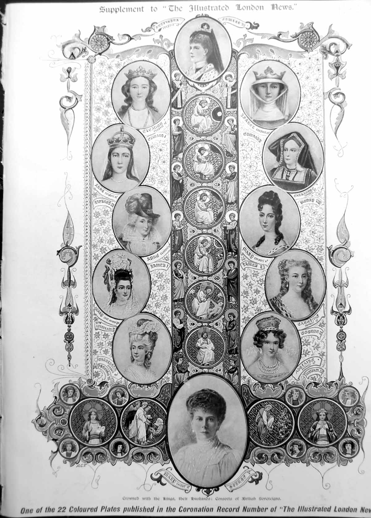 Old Coloured Plate Crowned Kings Consorts British Sovereigns 1911 1163P 20th
