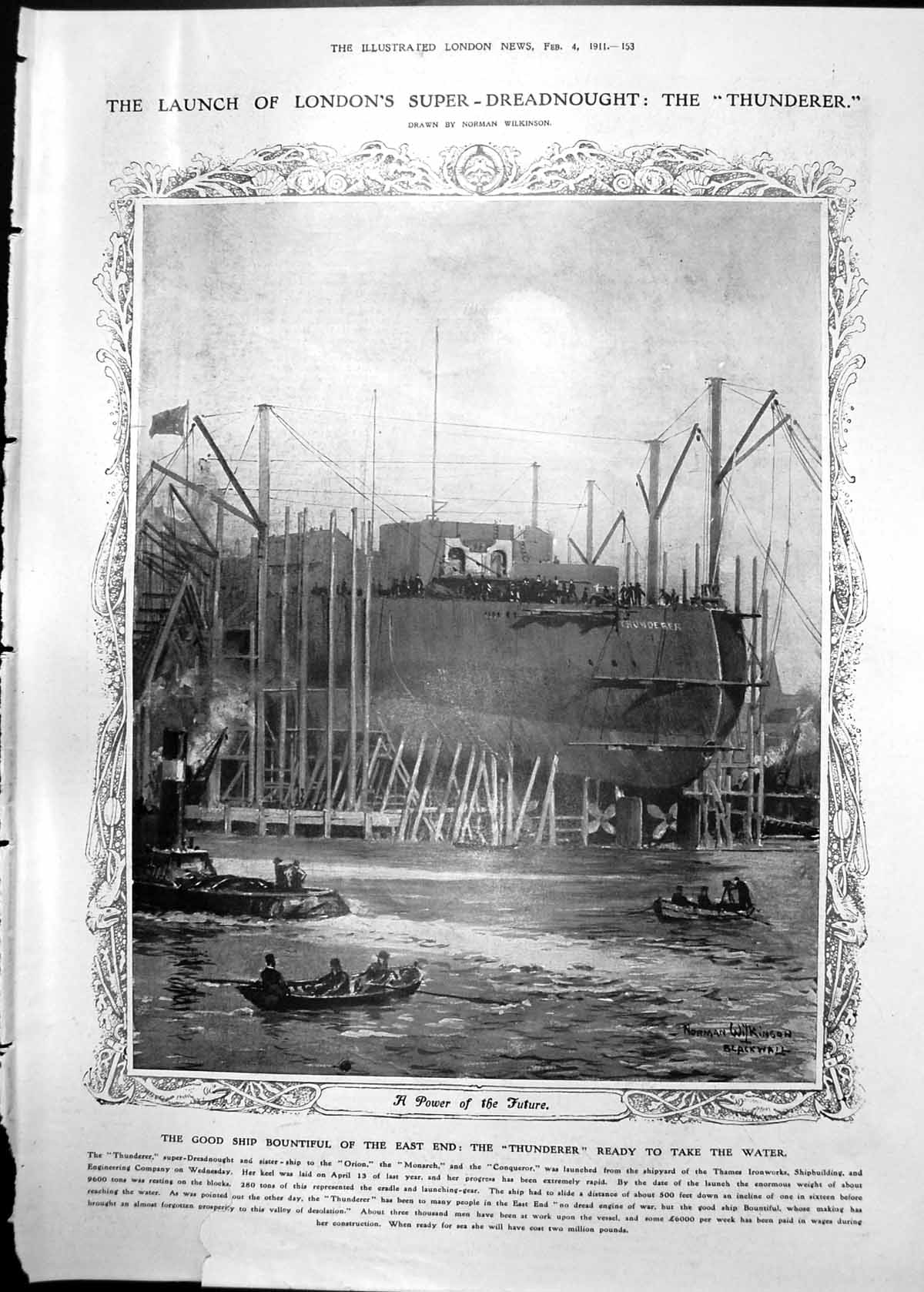 Old Print Launch London'S Super Dreadnought Thunderer Portraits 1911 153RP 20th