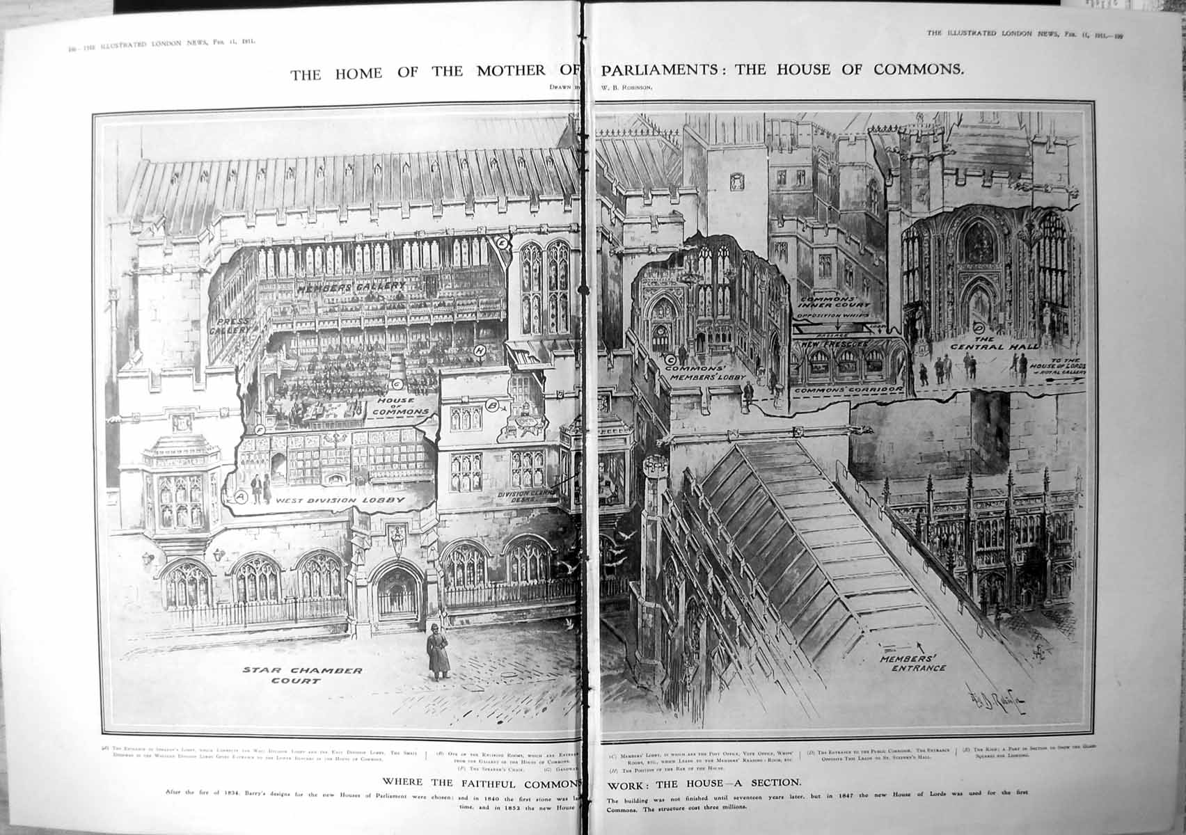 Old Print Cross Section Houses Parliament House Commons Damaged 1911 198TP 20th