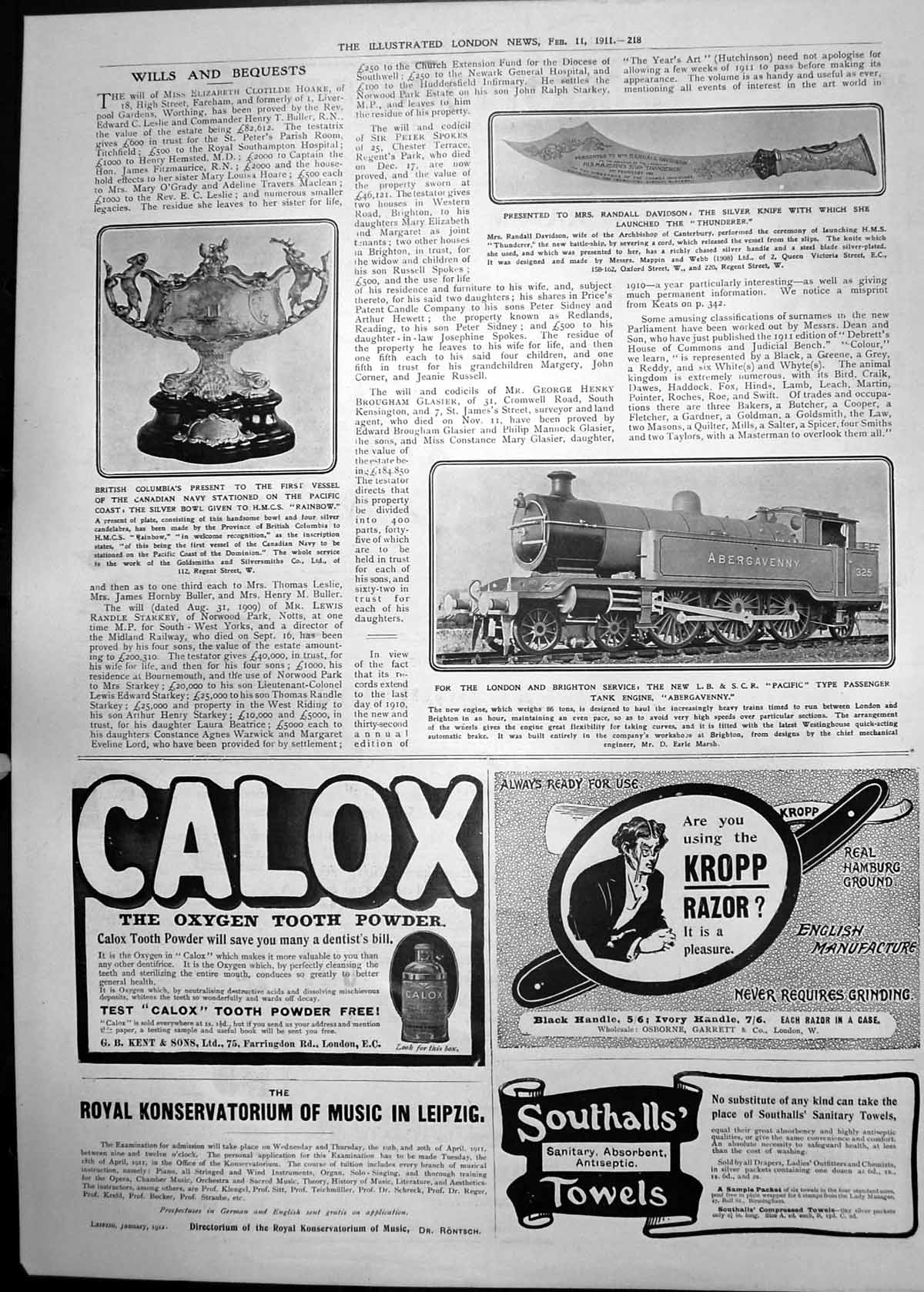 Old Print L.B. & S.C.R. Pacific Type Passenger Tank Engine Abergavenny 1911 218P