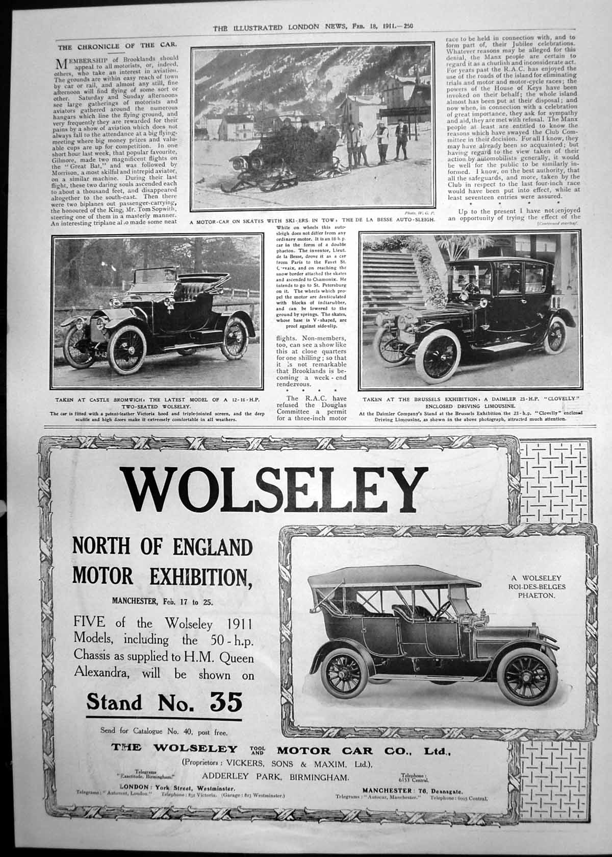 Old Motor Car Skates Wolseley Latest Model Daimler Clovelly 1911 250P 20th