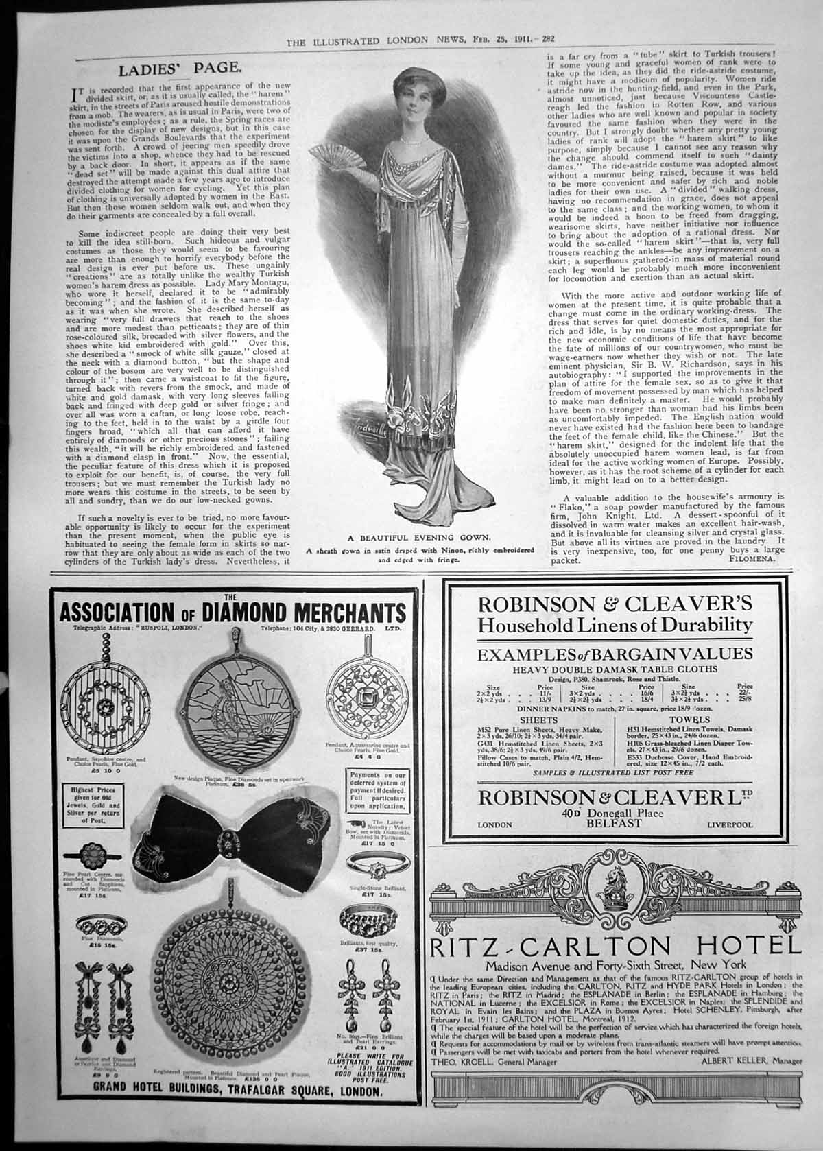 Antique Print Beautiful Evening Gown Diamond Merchants Advert Ritz 1911 282P
