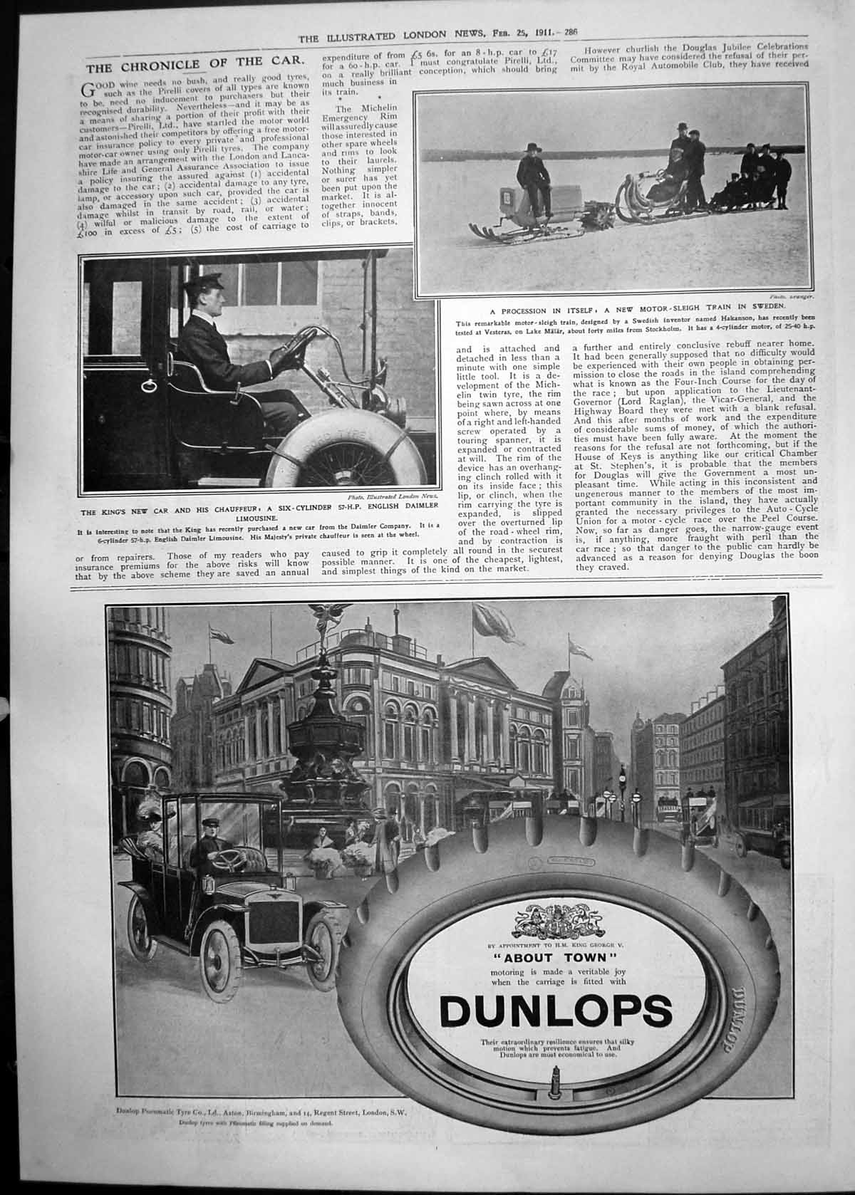 Old Motor Sleigh Sweden King'S New Car Chauffeur Daimler Dunlop 1911 286P 20th