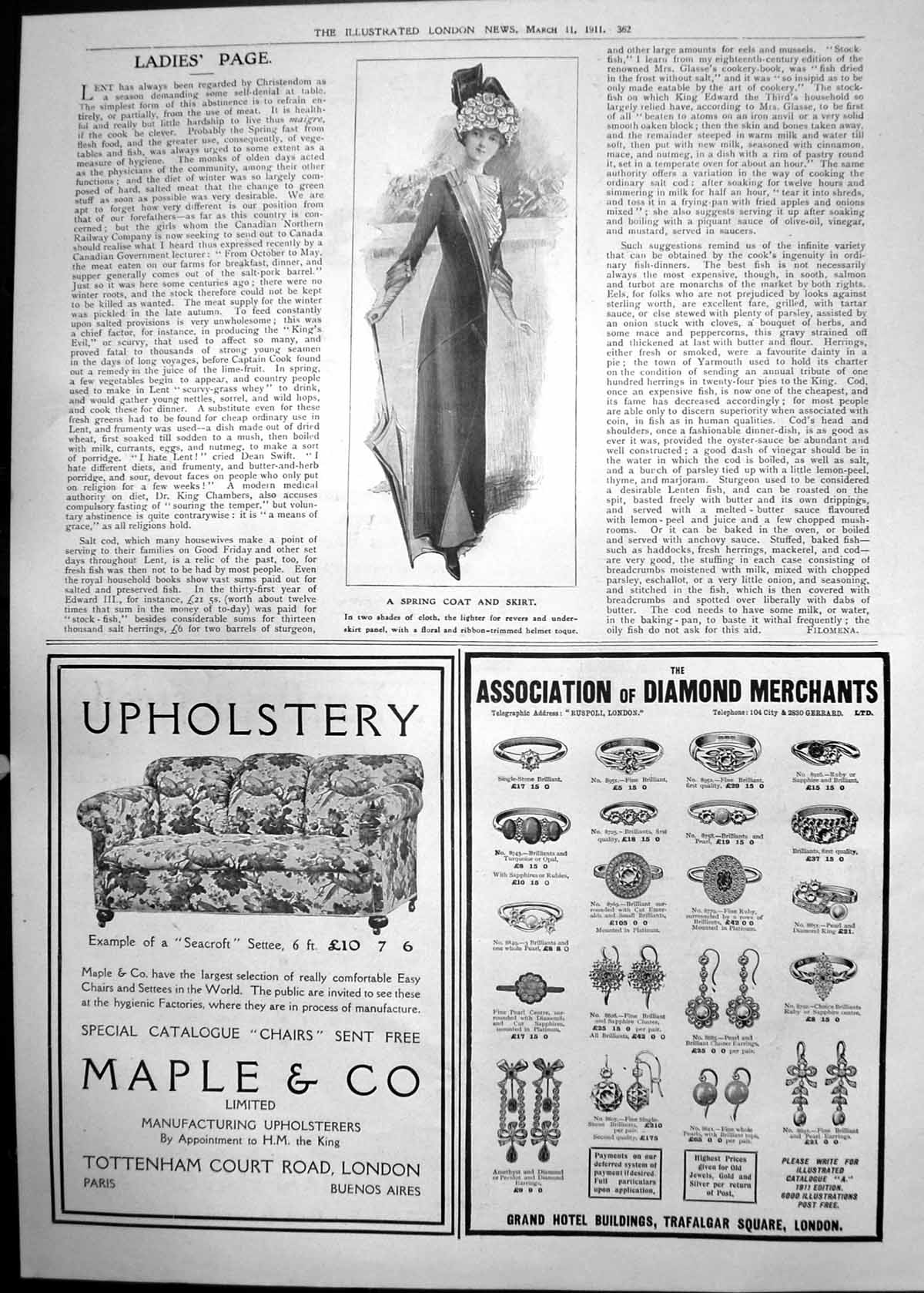 Old Spring Coat Skirt Fashion Page Upholstery Advert Diamonds 1911 362P 20th