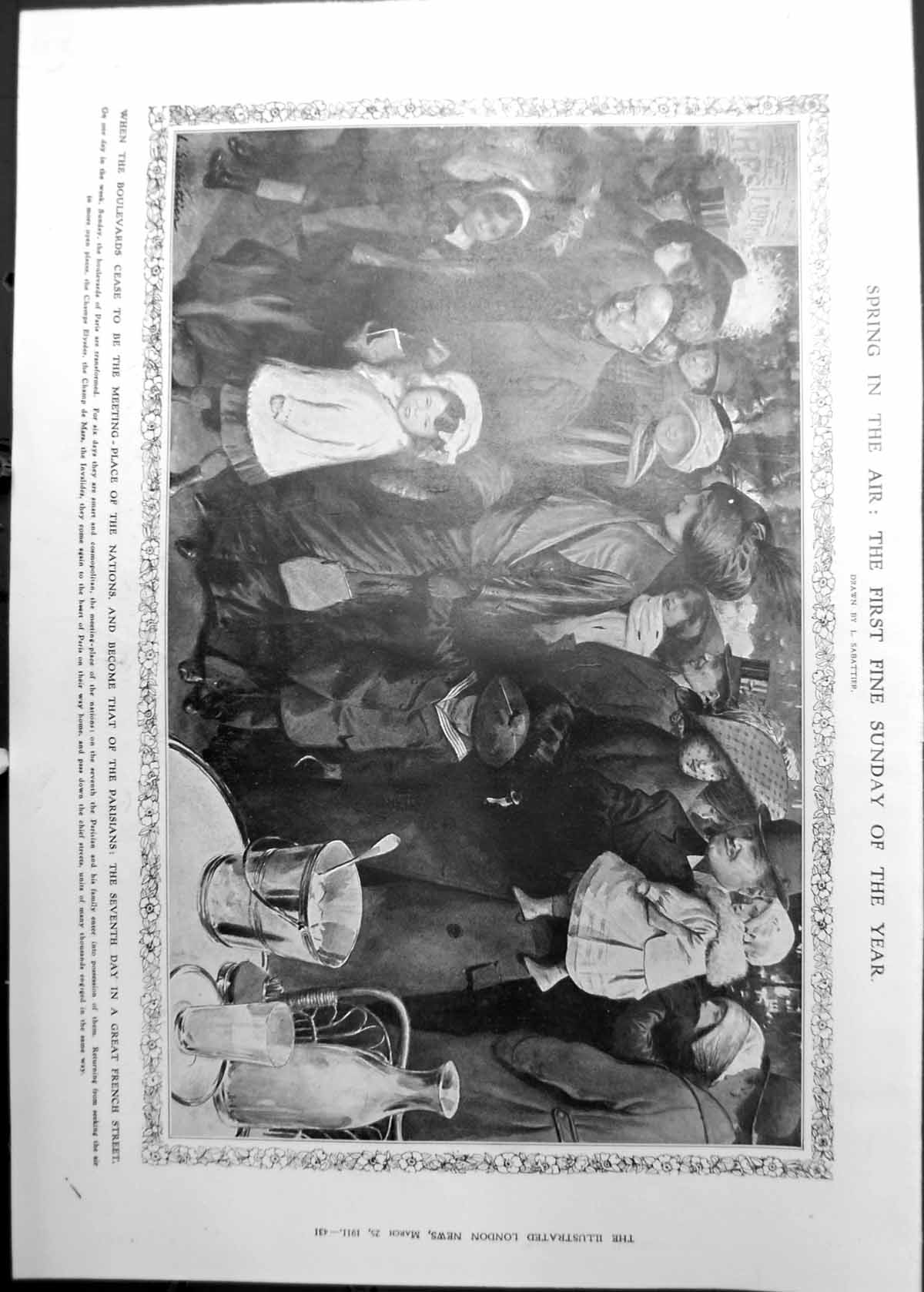 Old Print Spring Paris Parisians Taking Streets Statues Easter Island 1911 431RP