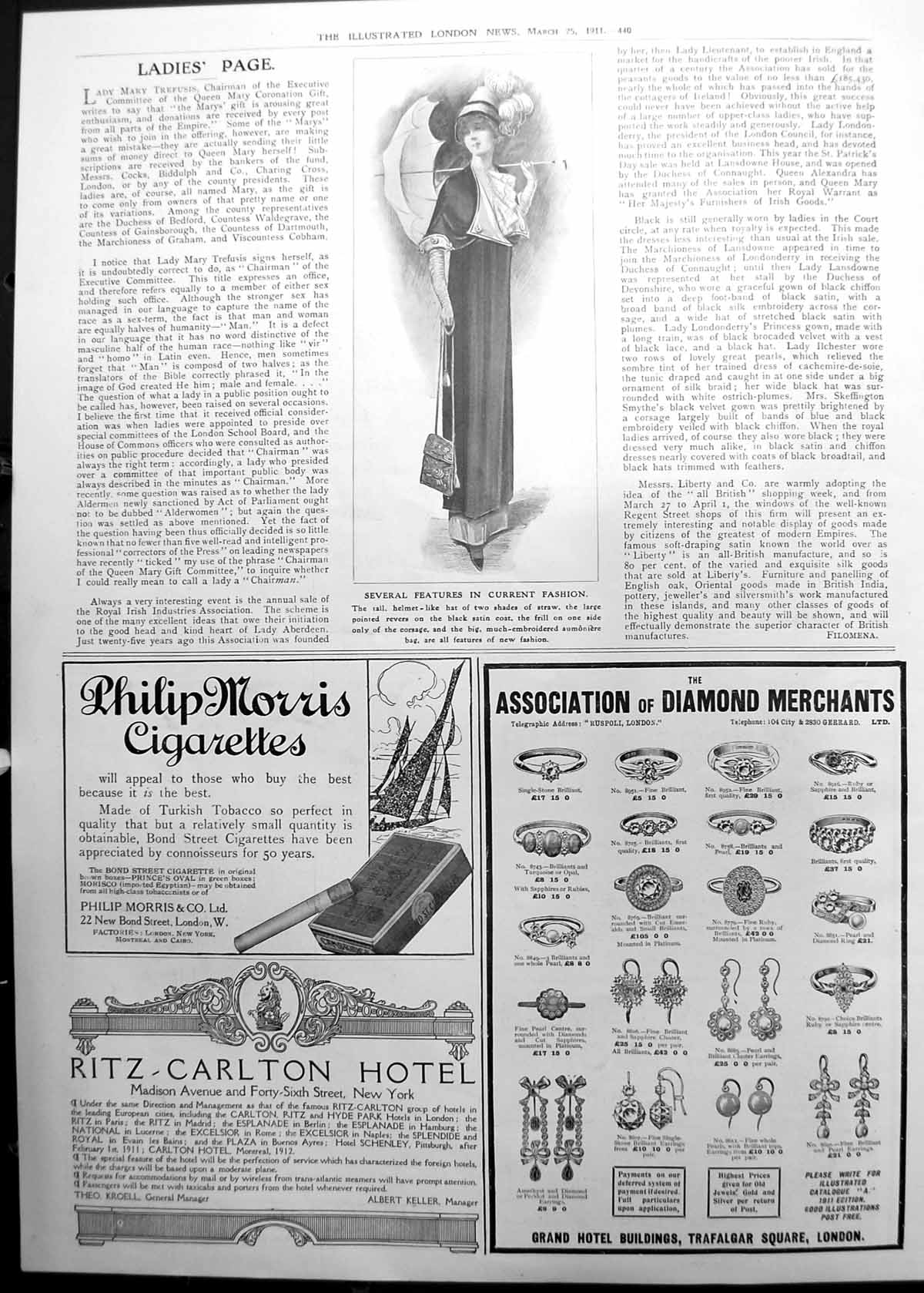 Old Print Features Current Fashion High Straw Hat Pointed Revers Frill 1911 440P