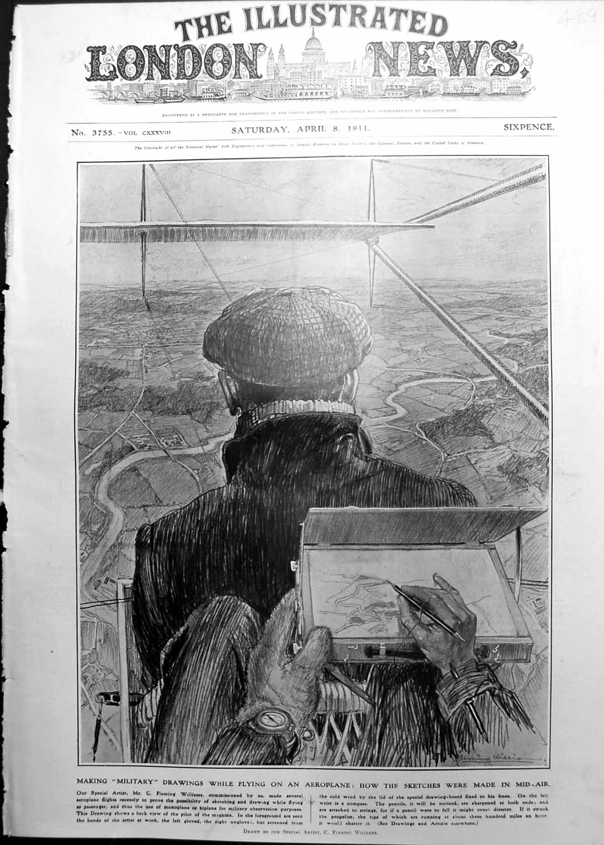 Old Making Military Drawings Whilst Aboard Aeroplane Mid-Air 1911 489P 20th