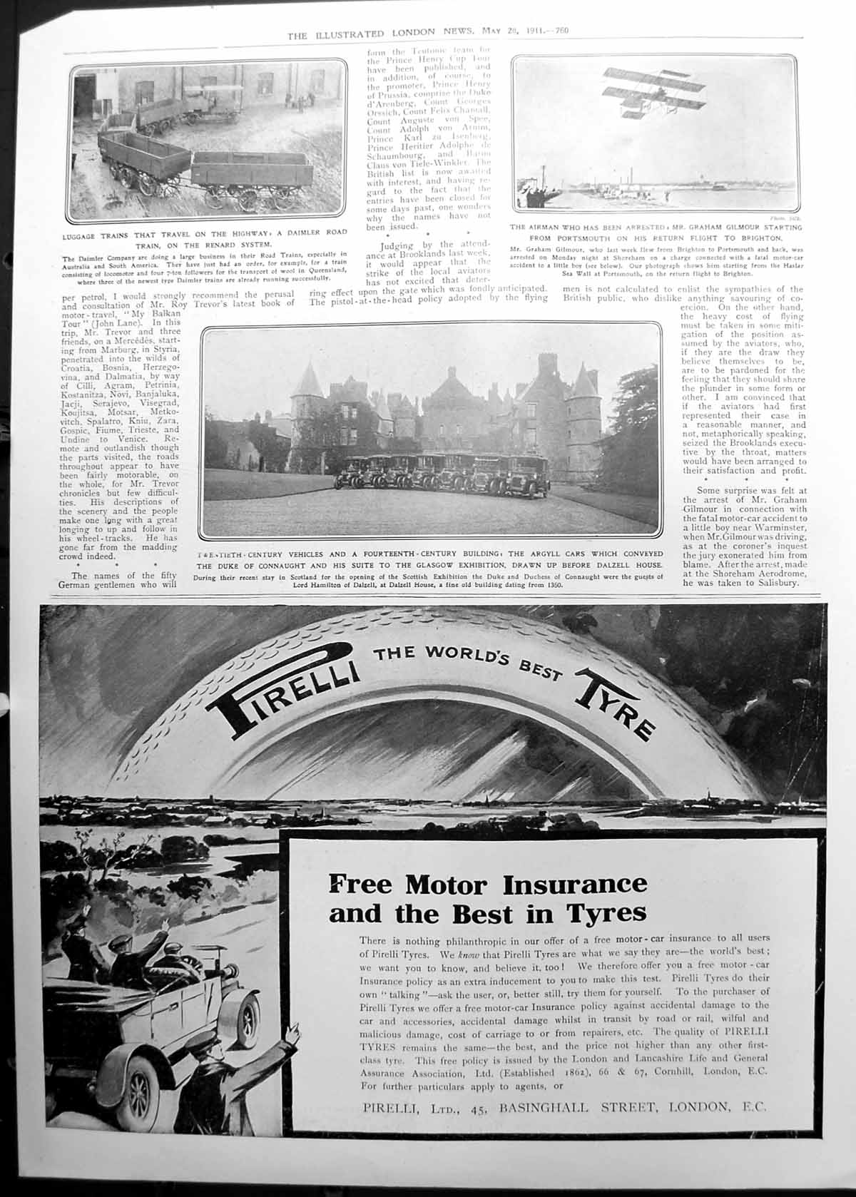 Old Print Daimler Road Train Airman Arrested Argyll Cars Dalzell House 1911 760P