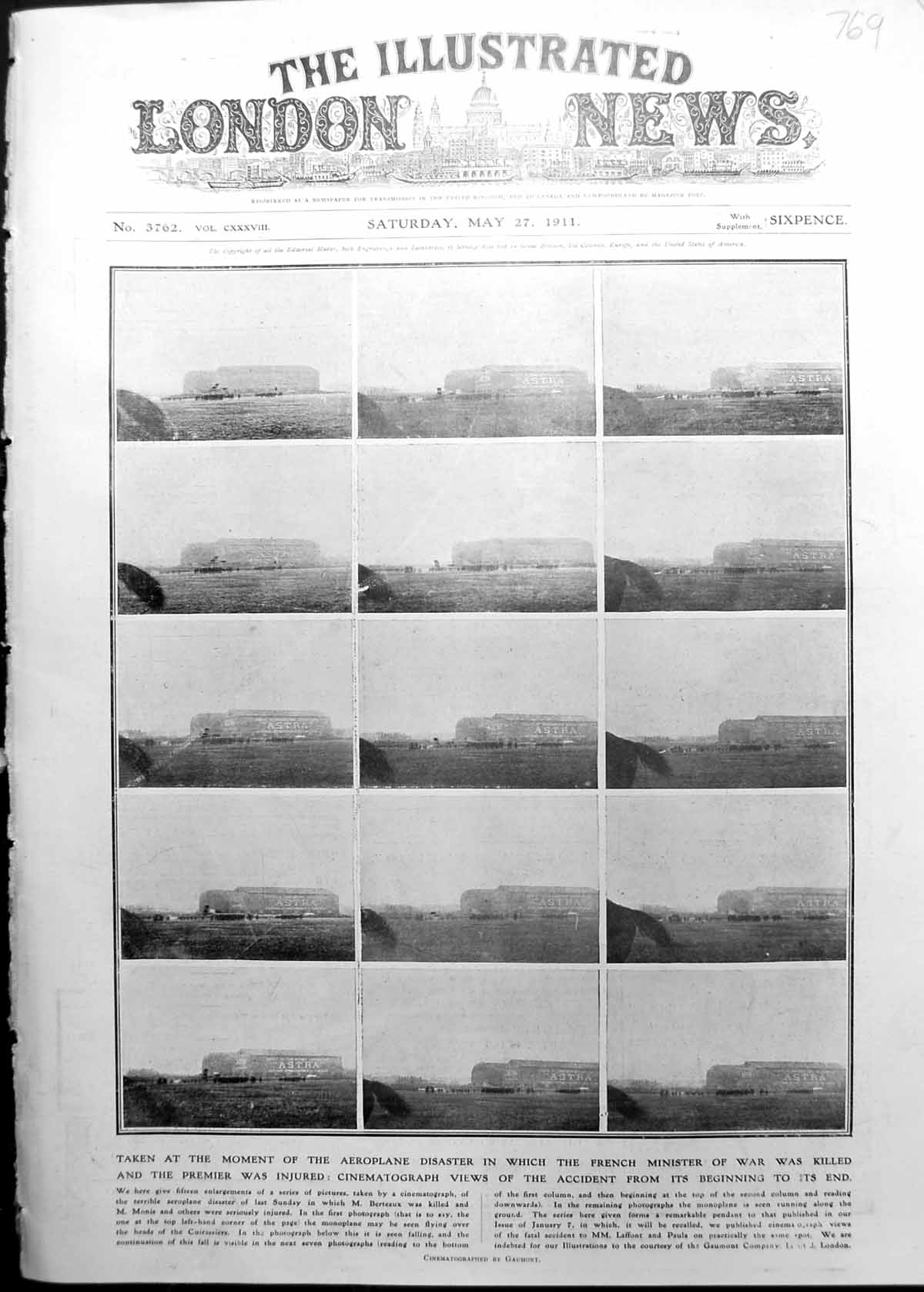 Old Print Aeroplane Disaster Killing French Minister War Cinematograph 1911 769P