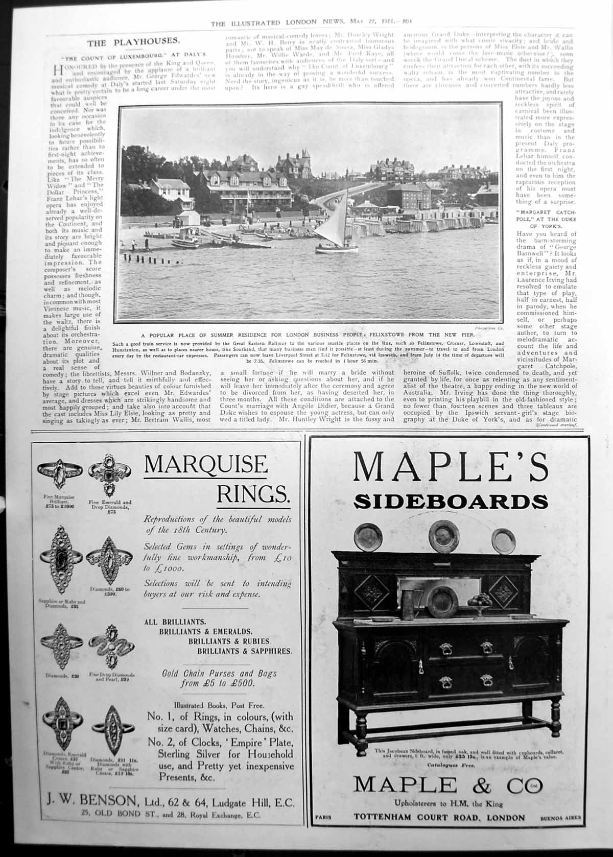 Old Print Felixstowe From New Pier Sail Boat Houses Beach People 1911 804P 20th