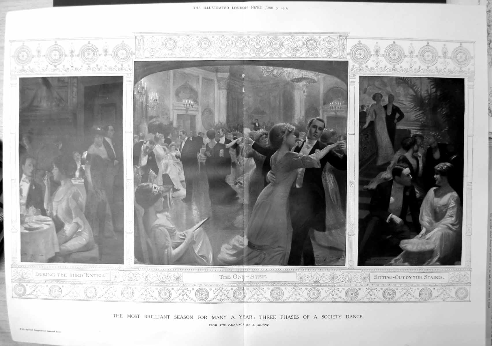 Old Print Three Phases Society Dance Colour Drink Dance Seated Stairs 1911 852TP