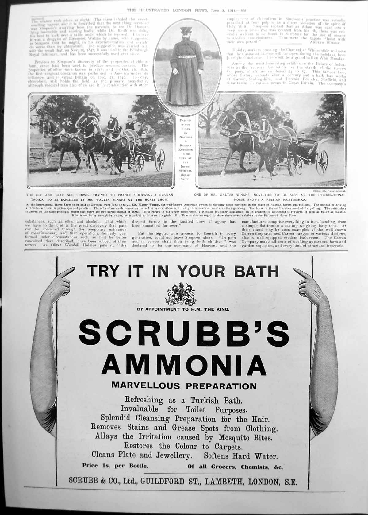 Old Print Russian Horse Prancing Troika Pristiashka Scrubbs Ammonia Ad 1911 868P
