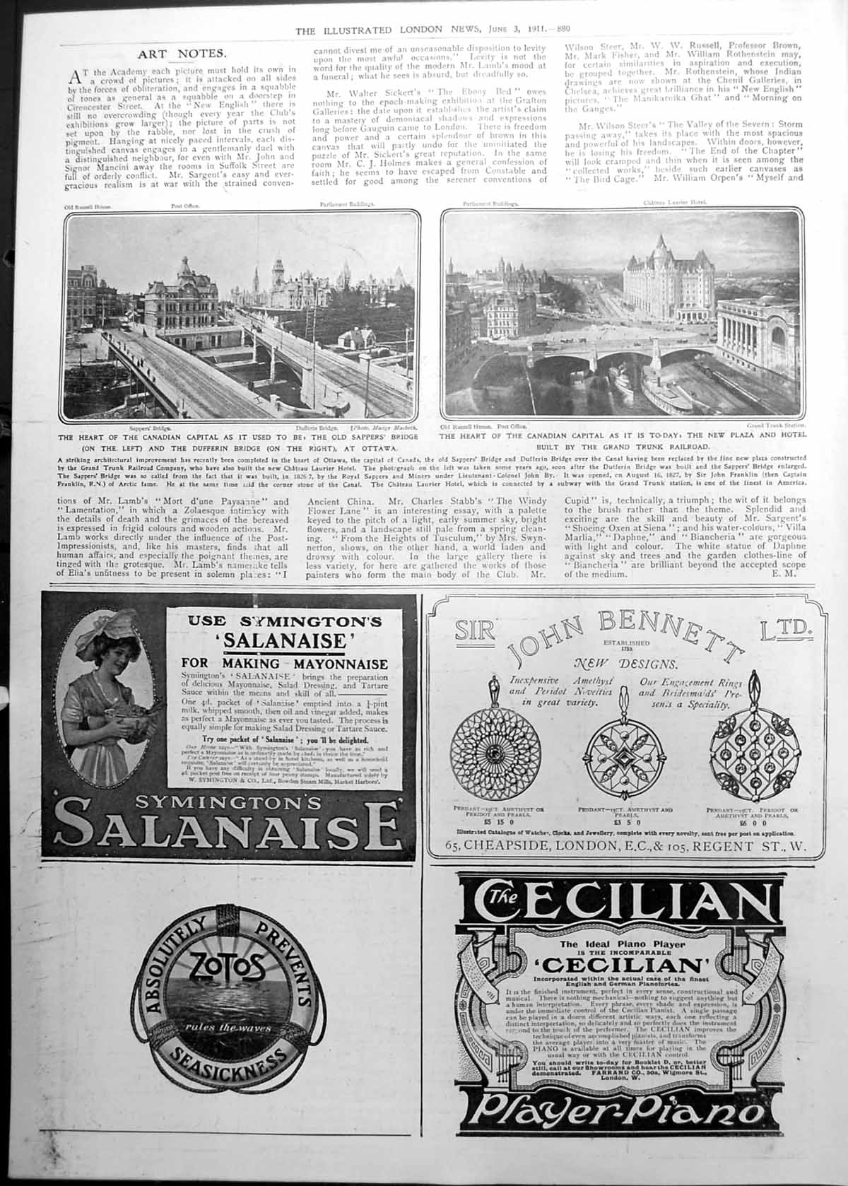 Old Print Ottawa Sapper'S Bridge Dufferin Bridge New Plaza Hotel 1911 880P 20th