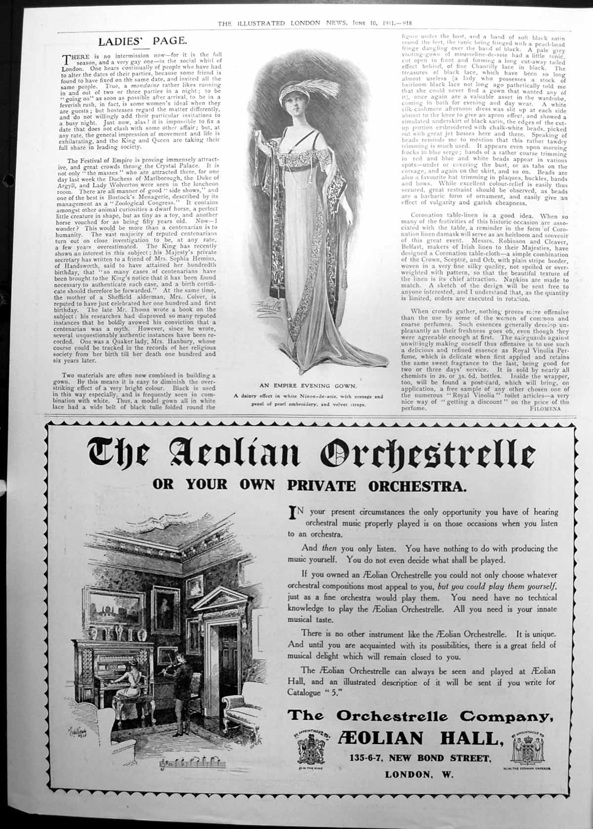 Old Ladies Page Empire Evening Gown Aeolian Orchestra Advert 1911 918P 20th
