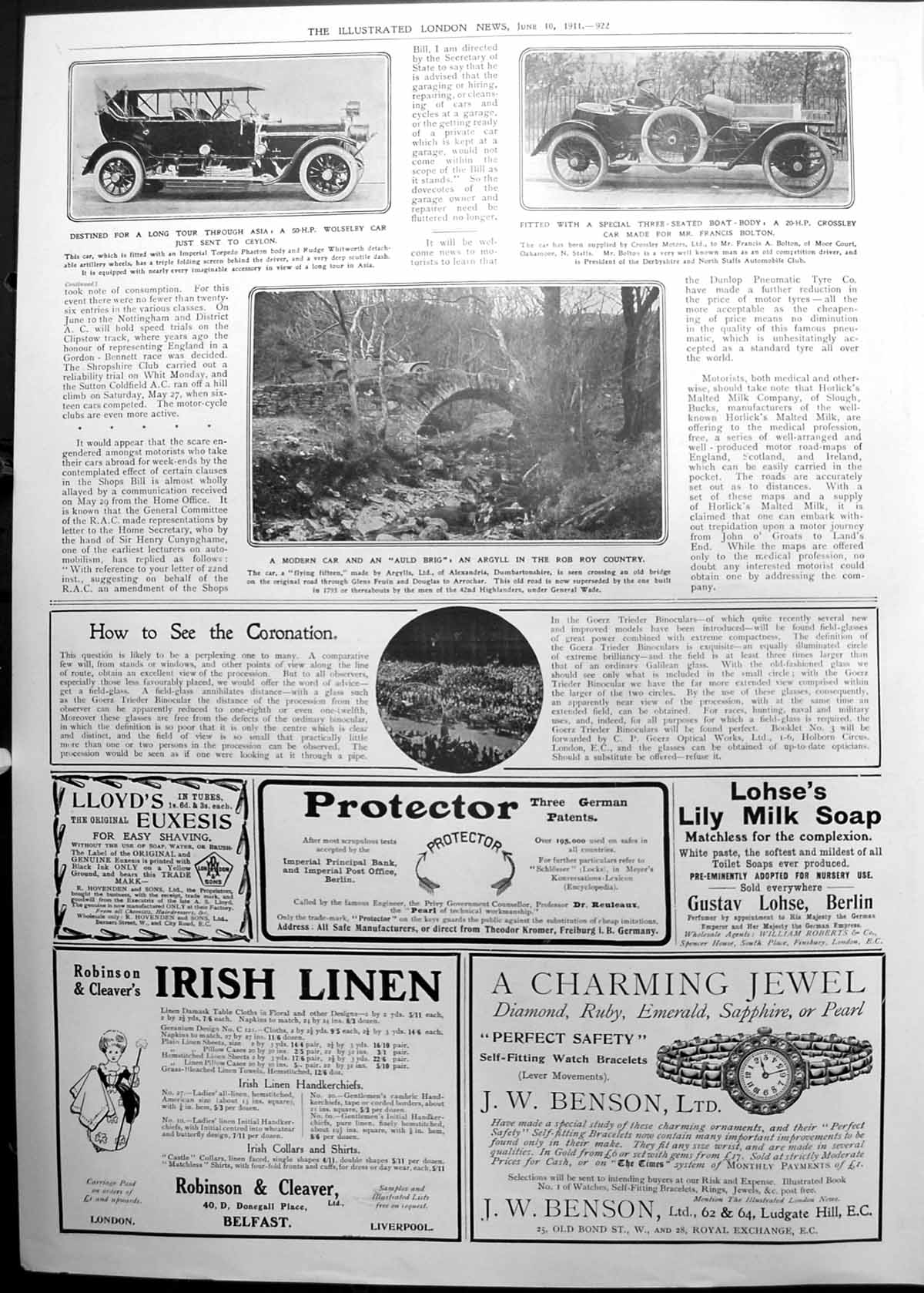 Old Print Wolseley Crossley Cars Modern Argyll Pack Horse Bridge 1911 922P 20th