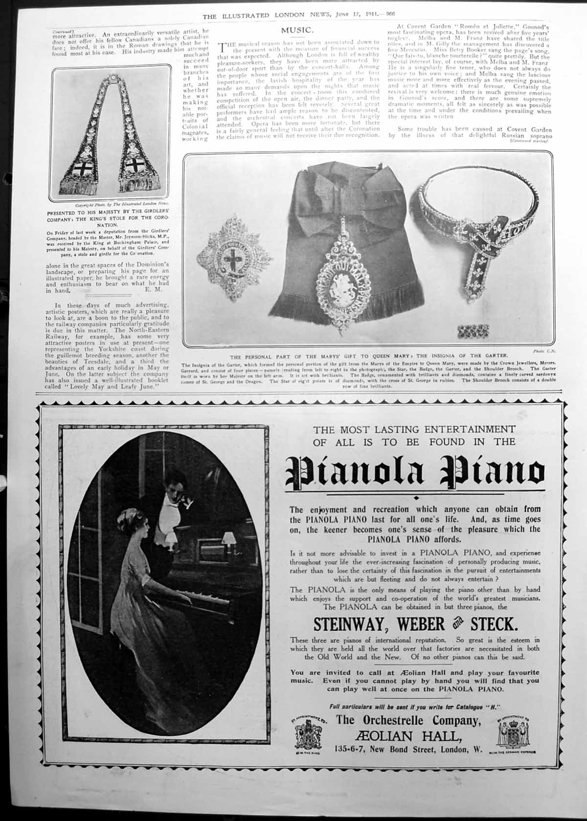 Old Print Insignia The Garter Queen Mary Kings Stole Coronation 1911 966P 20th