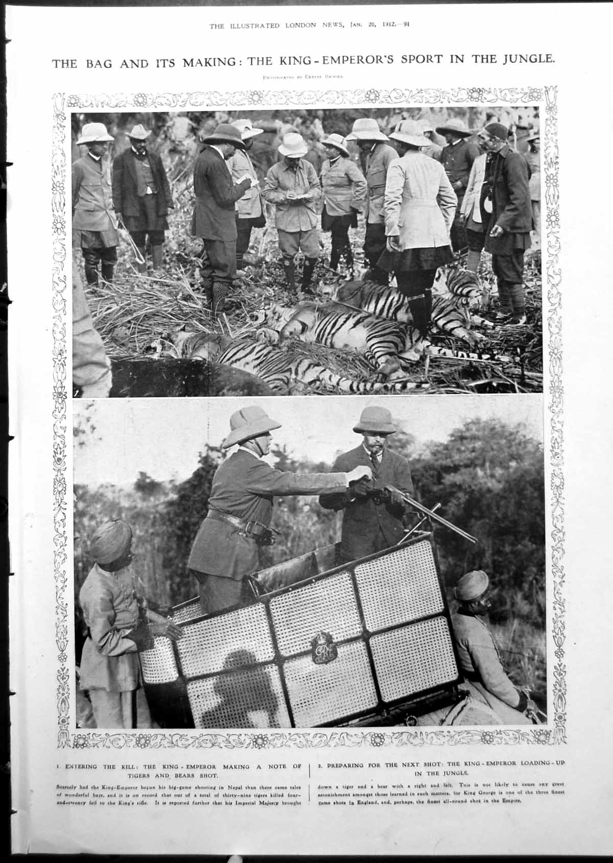 Print Entering Kill King Emperor Tigers Bear Shot Elephant Watch Jungle 1912