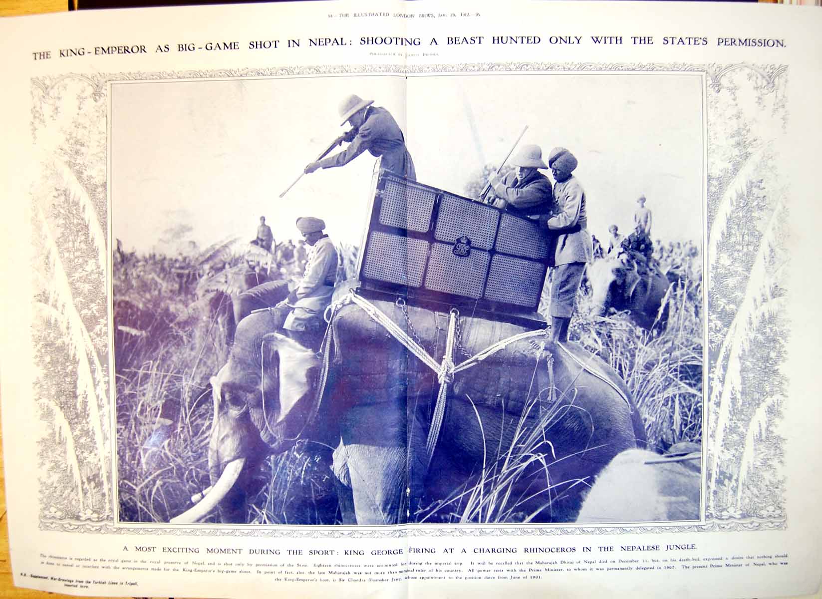 Antique Print King George Firing Charging Rhinoceros Nepalese Jungle 1912 0 20th