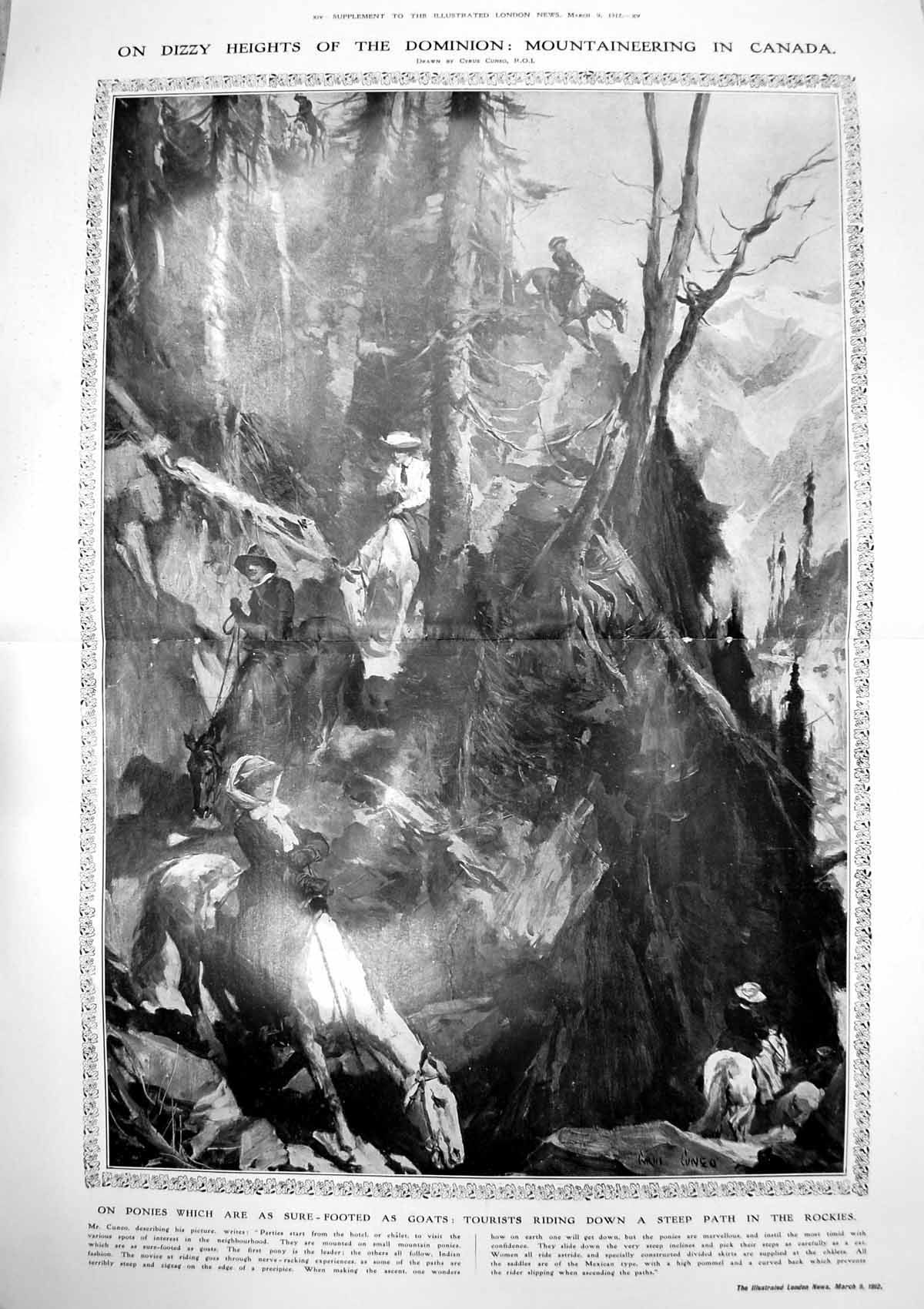 Old Print Mountaineering Canada Tourists Ponies Steep Path Rockies 1912 10 20th