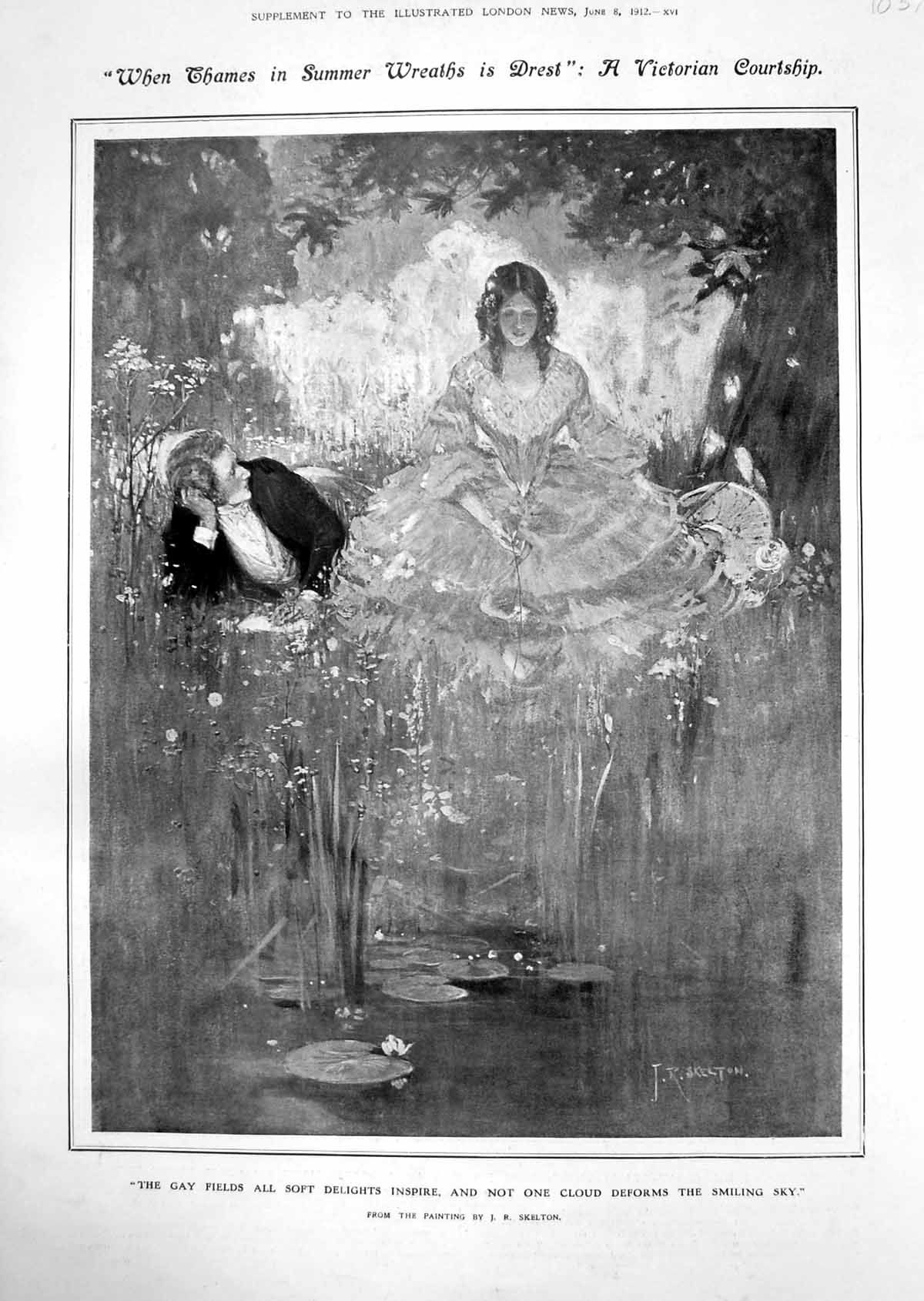 Antique Old Print Courtship J Skelton King Henry V111 Whitehall Palace 1912