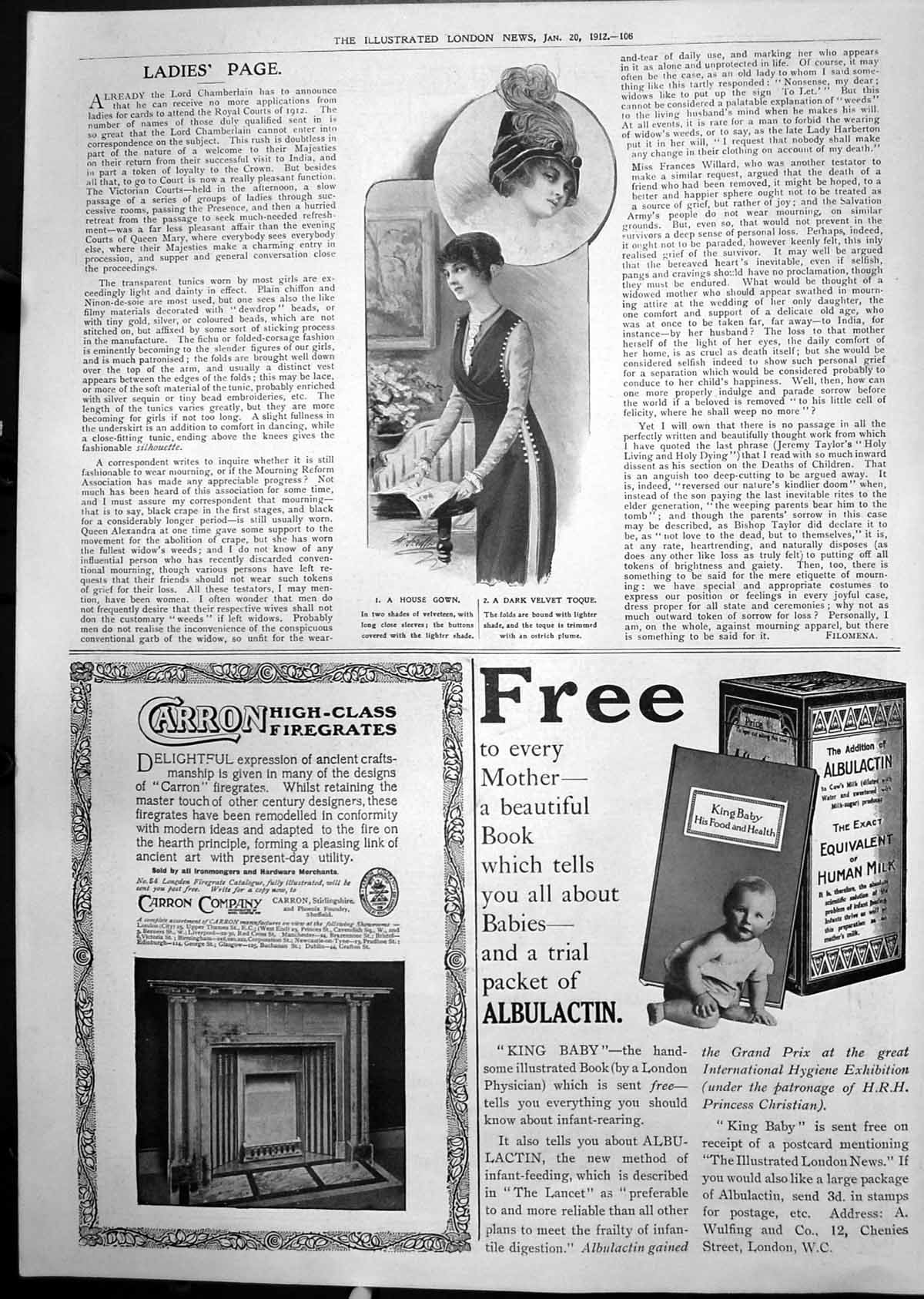 Old Print House Gown Dark Velvet Toque Carron Firegrates Albulactin 1912 20th