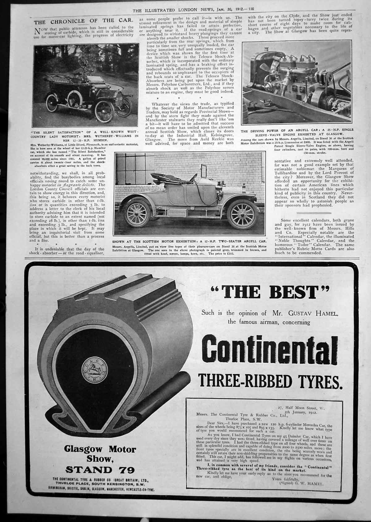 Old Print Mrs Wetherby Williams Humber Two Seater Argyll Car Engine 1912 20th