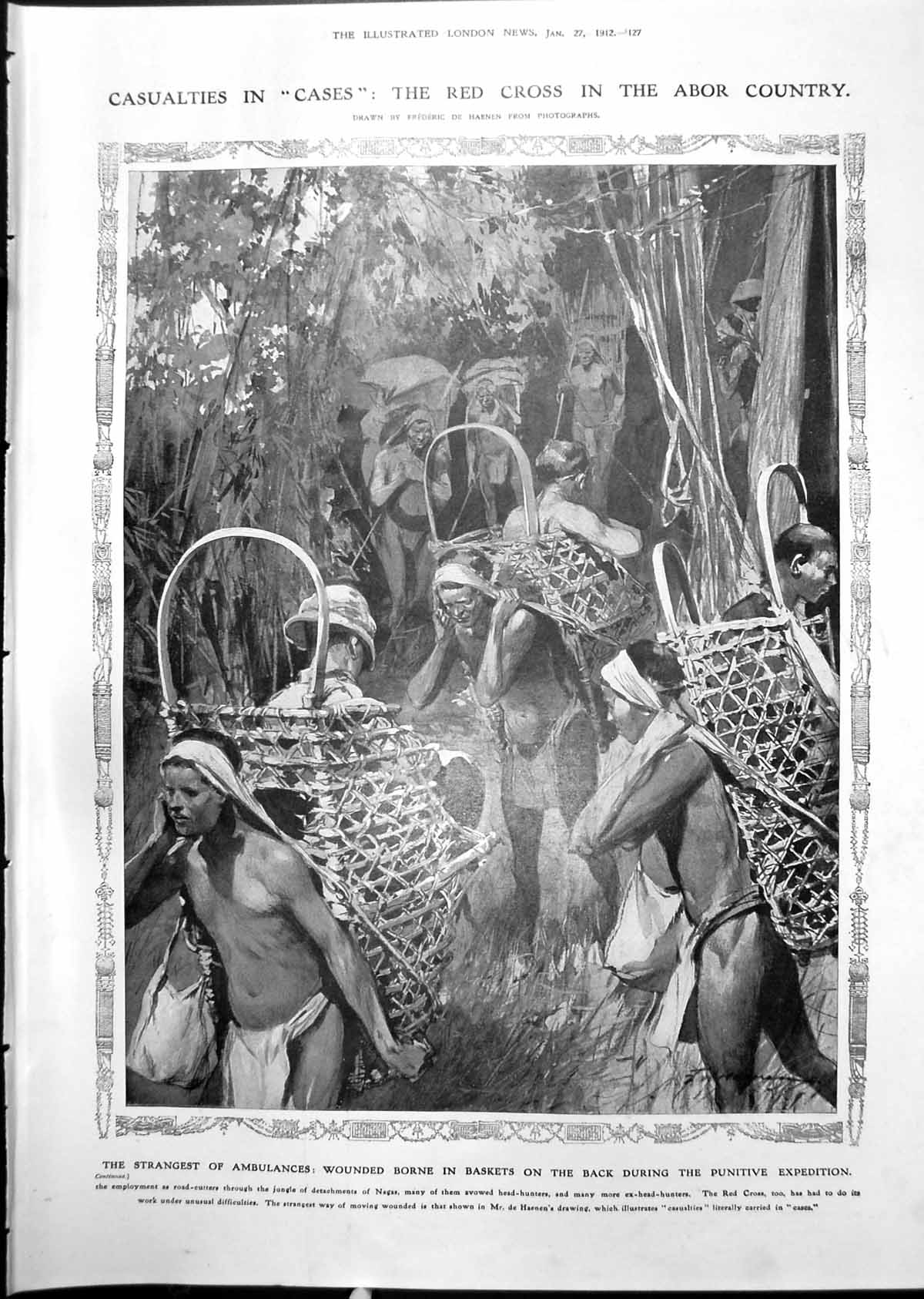 Old Print Wounded Baskets Back Abor Country Melanesia Dancers Pileni 1912 20th