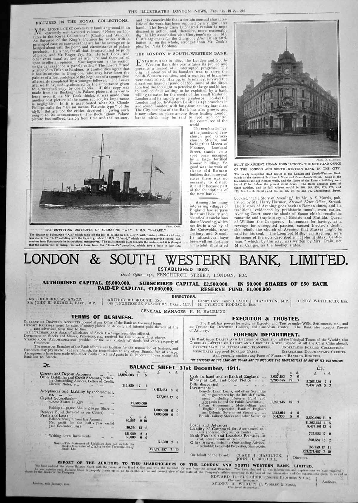 Old Print Destroyer Submarine A Hms Hazard London S Western Bank H Q 1912 20th