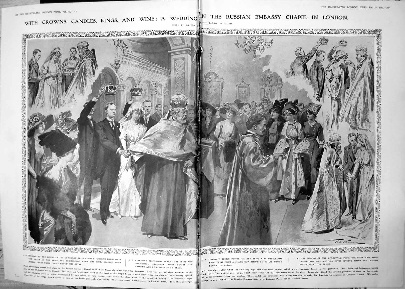 Antique Print Wedding Countess Tolstoi Russian Embassy Chapel 1912 Damaged