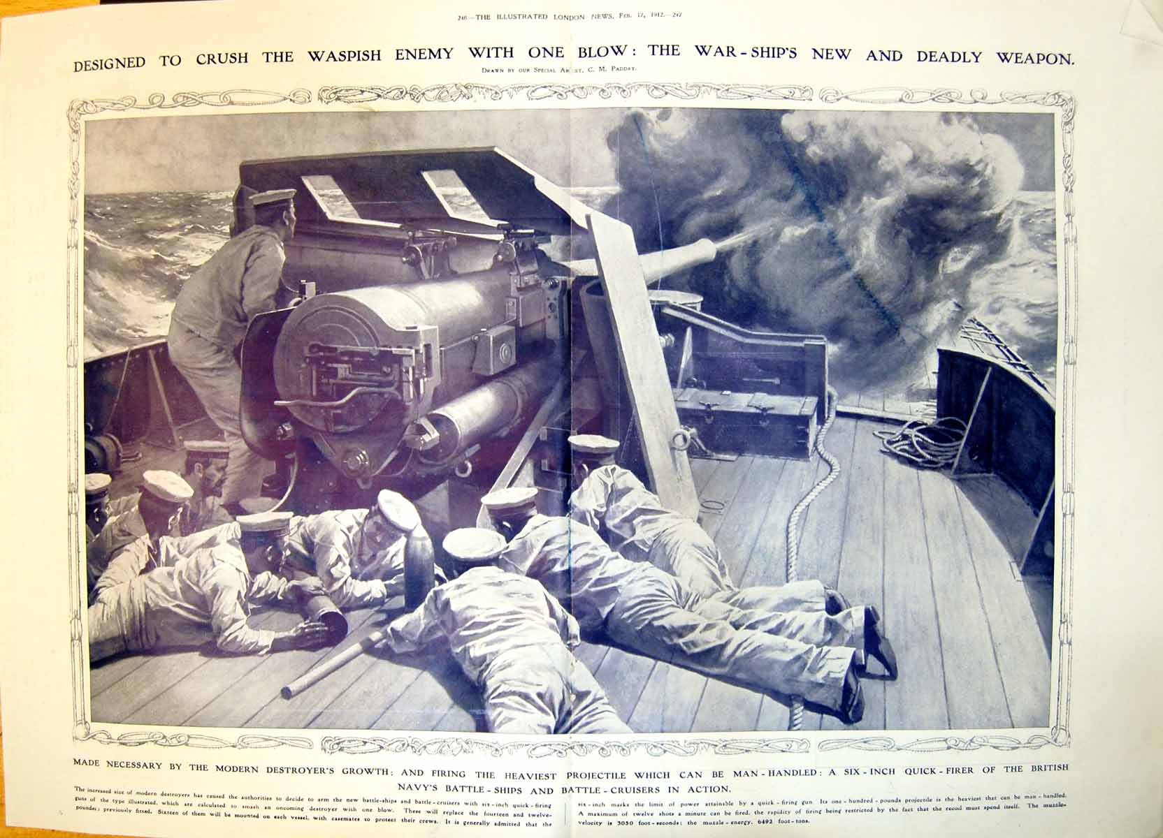Print Navy Battle Ships Quick Firer Gun Italian Futurist Paintings 1912 Damaged