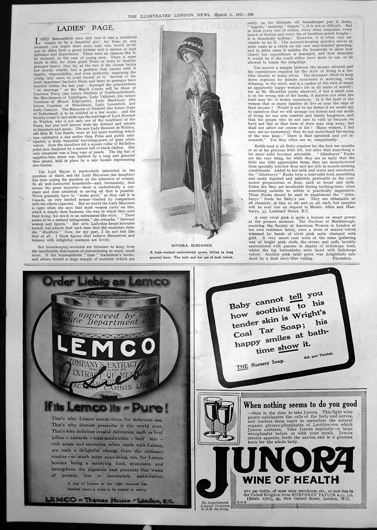 Antique Print Riviera Elegance Gown Junora Wine Health Lemco Sickroom 1912 20th