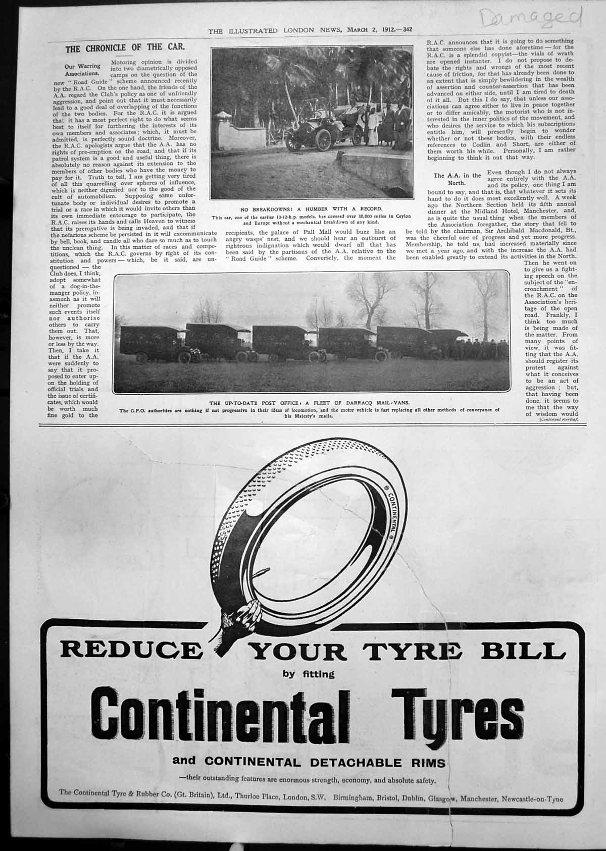 Antique Print Humber Car No Breakdowns Fleet Darracq Mail Vans 1912 Damaged