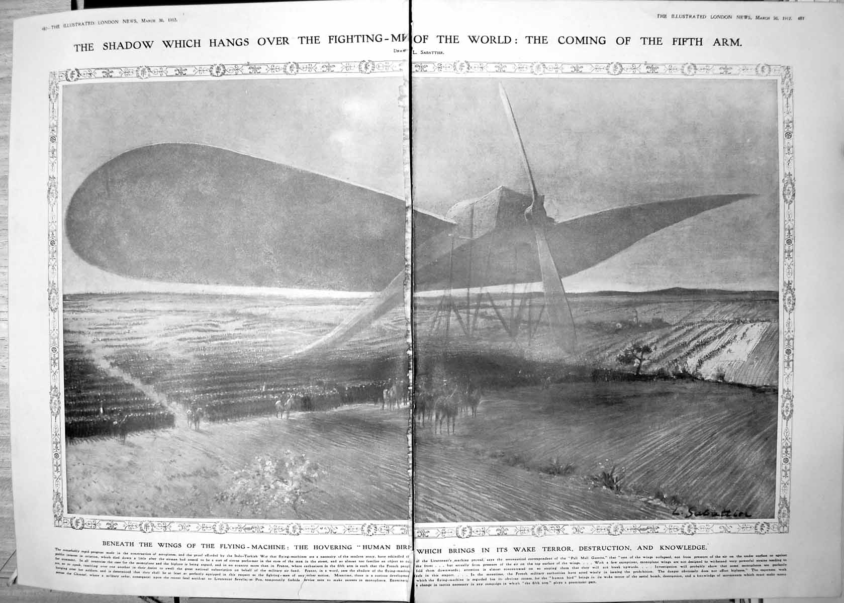 Antique Old Print Flying Machine Army Brings Terror Destruction 1912 Damaged