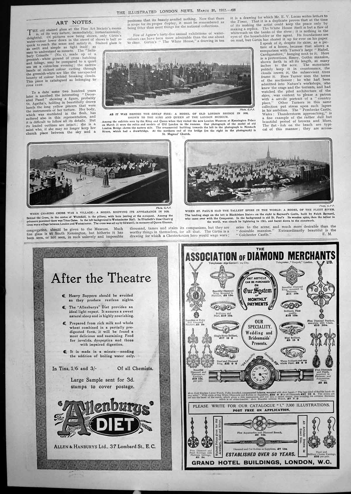 Original Old Antique Print London Museum Model London Bridge Charing Cross 1912