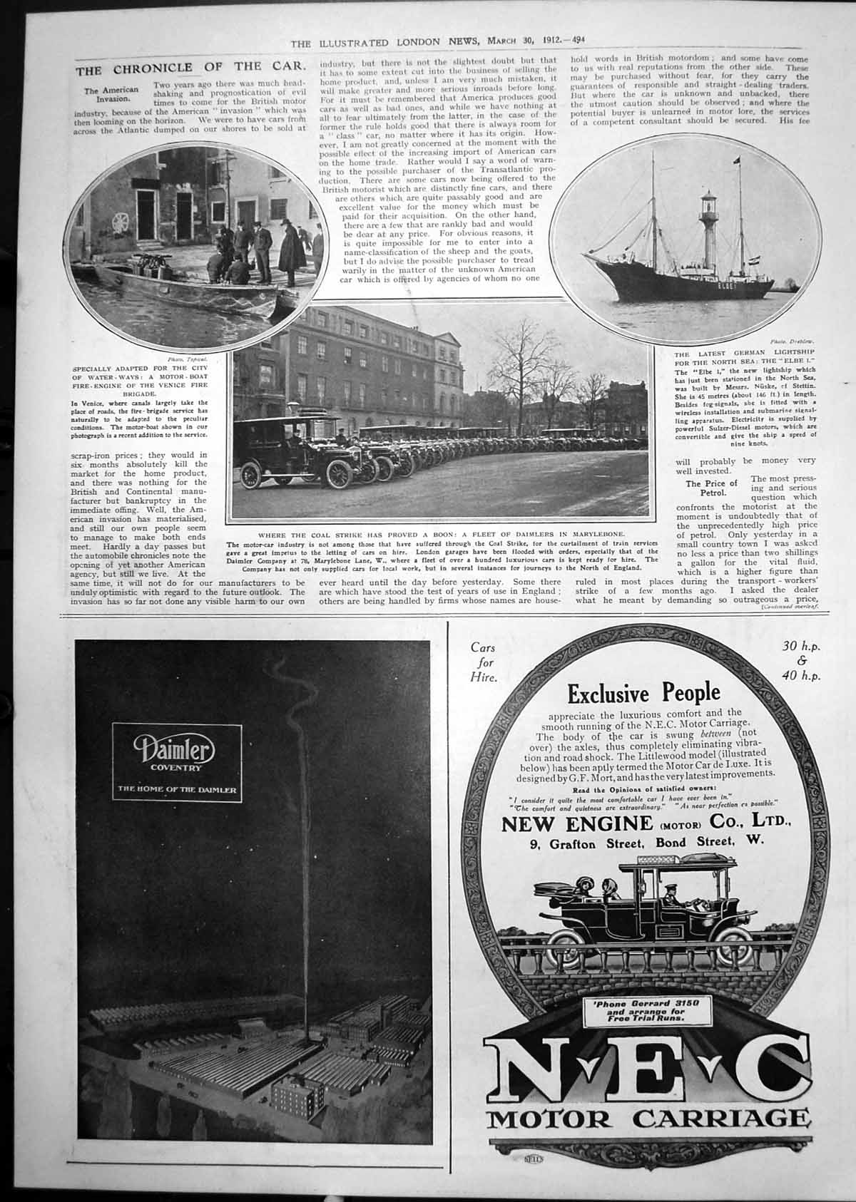 Old Print German Lightship North Sea ElbeFleet Daimlers Marylebone Hire 1912