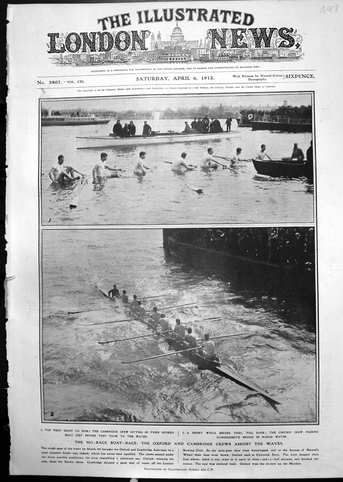 Old Print Oxford Cambridge Boat Race Sinking Both Boats Rough Water 1912 20th