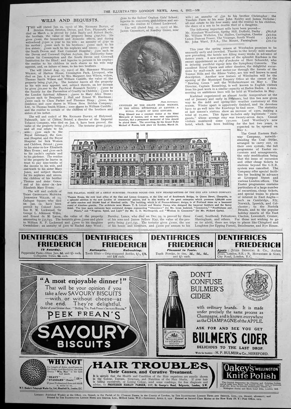 Old Print Mural Plate King Edward Cannes Thames House H Q Oxo Lemco 1912 20th