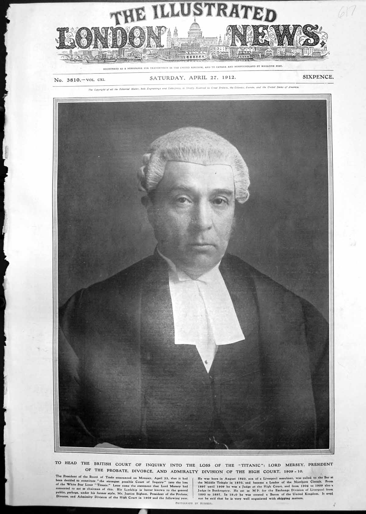Antique Old Print Lord Mersey Head British Court Inquiry Loss Titanic 1912 20th