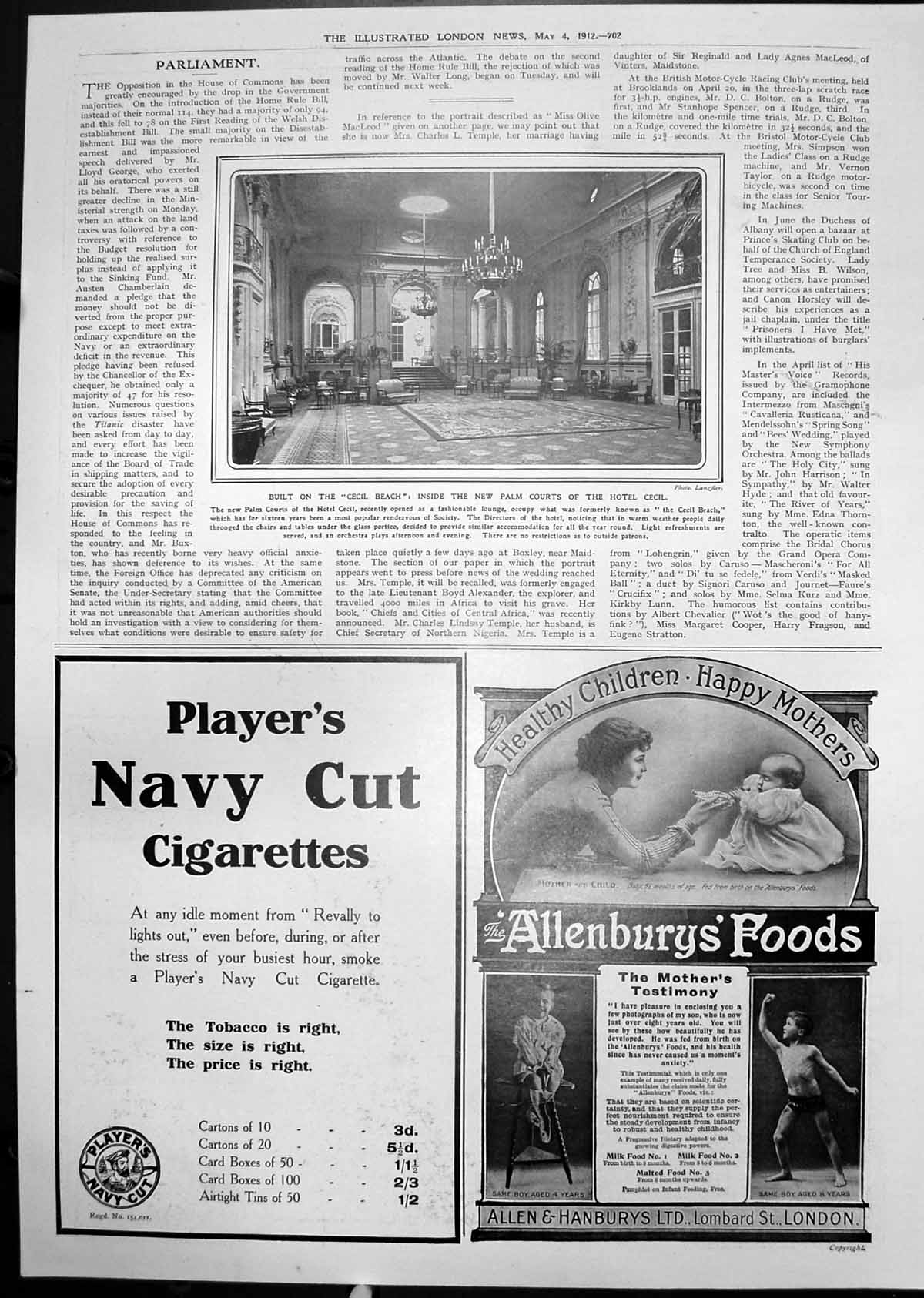 Old Print Cecil Beach New Palm Courts Hotel Cecil Allensburys Foods Babies 1912