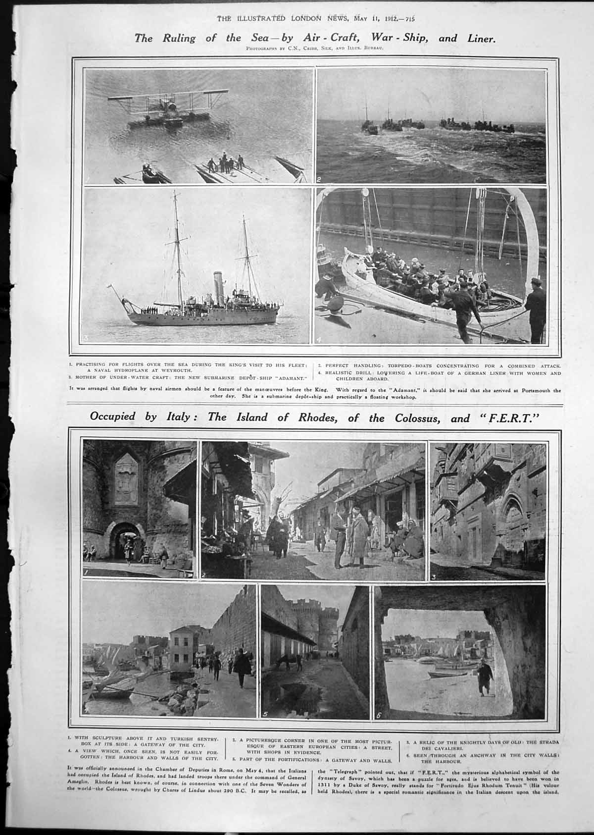 Print Ruling Sea Air Craft War Ship Occupied Italy Rhodes Capt A Clarke 1912