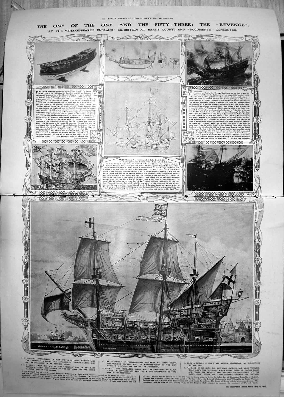 Print Shakespeares England Exhibition Ship Revenge Francis Drake 1912 Damaged