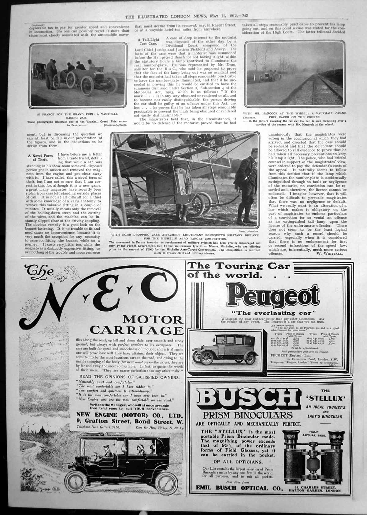 Print Grand Prix Vauxhall Racing Car Mr Hancock Lieut Bousquets Biplane 1912